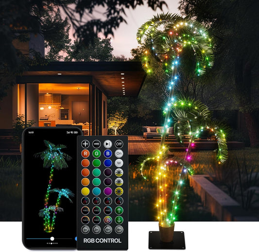 7Ft Lighted Palm Tree with 3 Trunks, 242 RGB LEDs, Prelit Fake Tree Lights, DIY 16 Mil. Color Changing, Music Sync, App & Remote Control, Outdoor