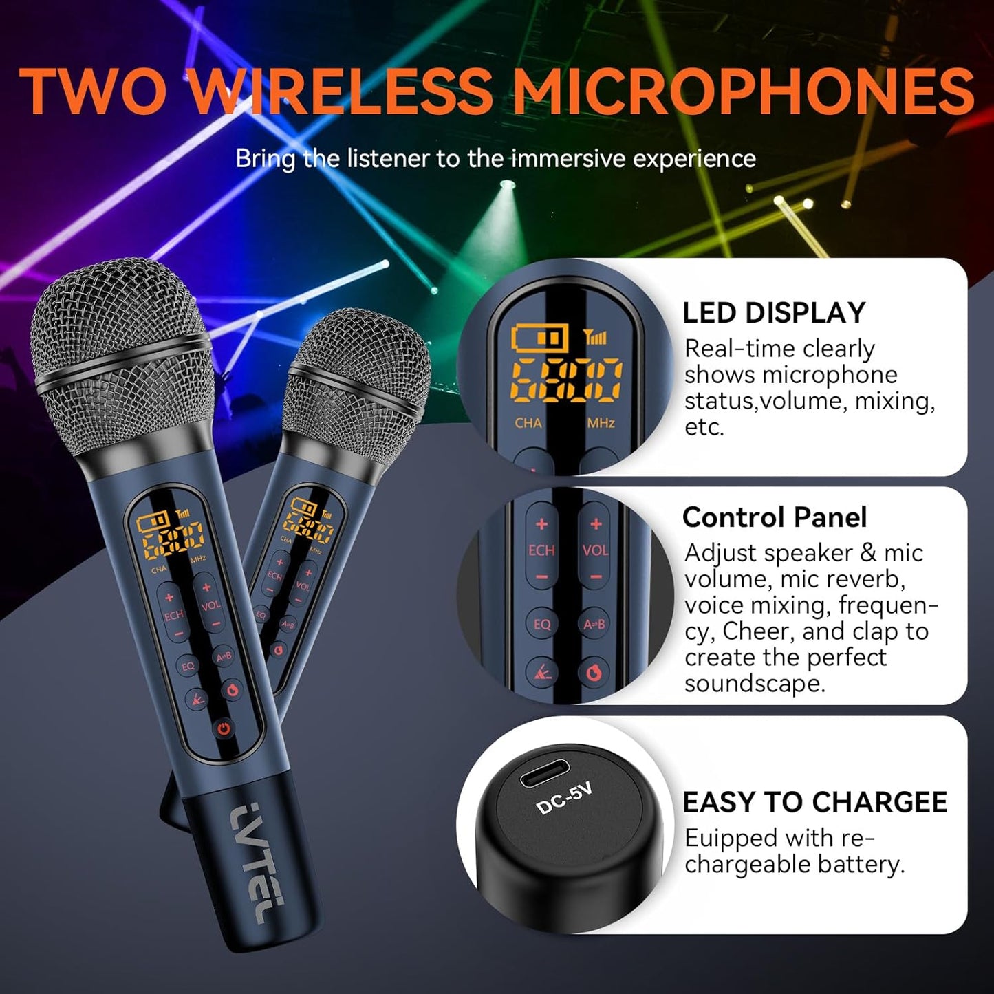 LVTEL Karaoke Machine for Adults & Kids, Portable Karaoke Machine with Two Wireless Microphones, LED Lights, Supports Li