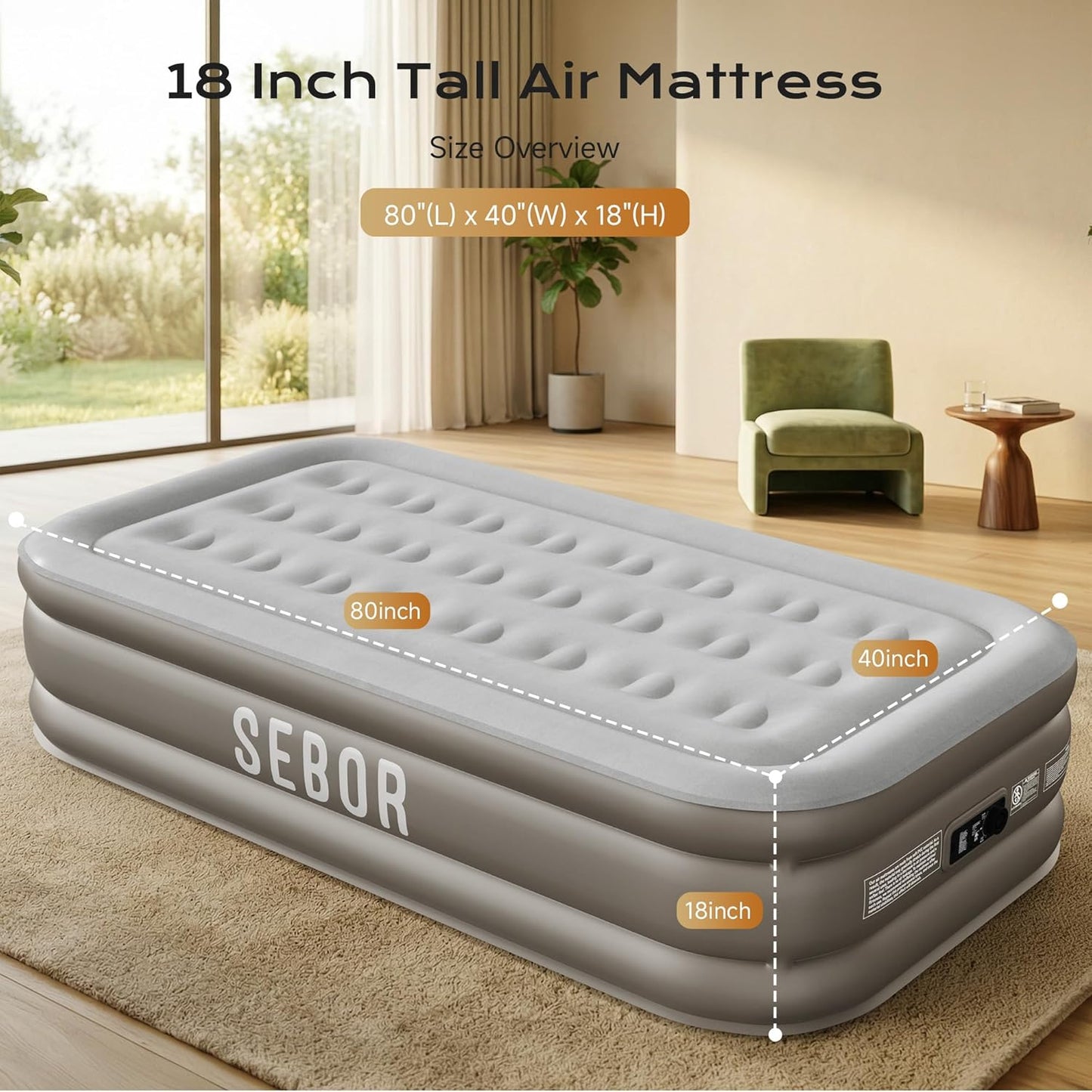 Sebor Air Mattress Twin with Built-in Pump 18", Comfortable Self-Inflating Blow up Mattress with High-Speed Pump, Durable Twin Size Air Mattress with Storage Bag for Guests, Moving, Camping, Travel