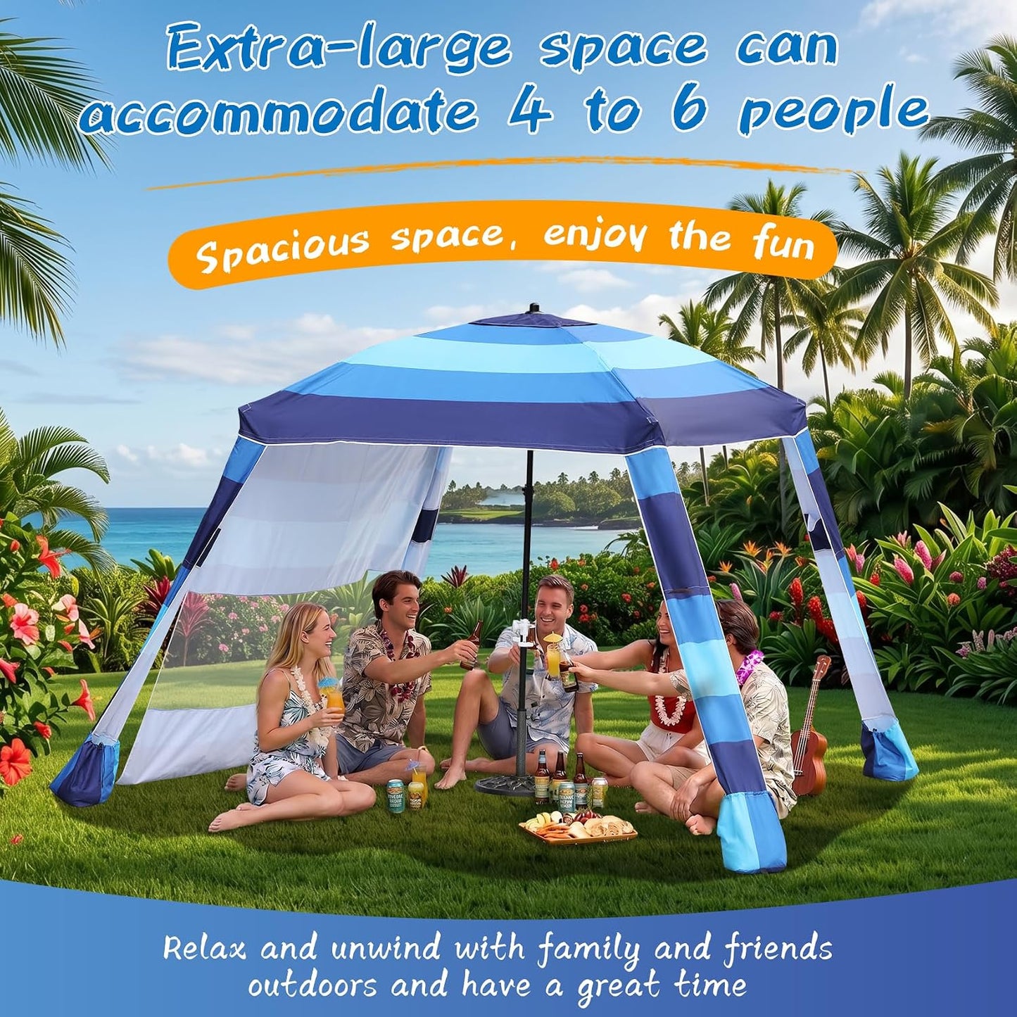 Beach Cabana,Spacious 7.2 x 7.2 FT Beach Cabana Provides Ample Shade for 5-6 People, Perfect for Family Outings; Features 3 Side Curtains for Enhanced Privacy and Wind Protection BLUE