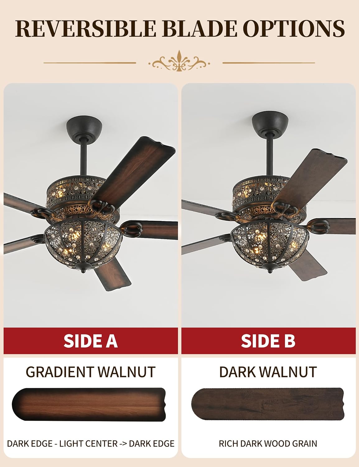 52 Inch Vintage Chandelier Ceiling Fan with Light, Antique Bronze Fandelier