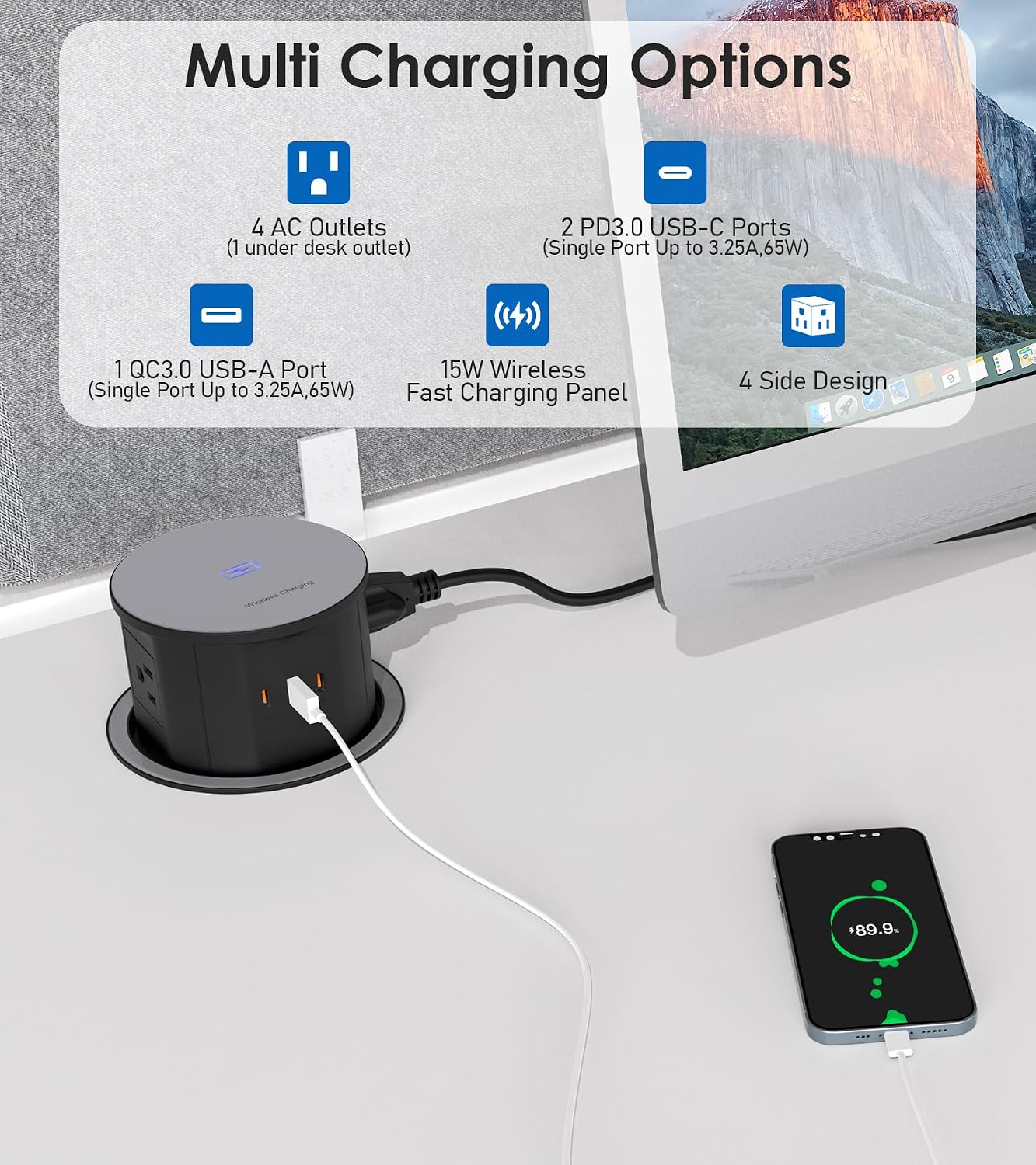 ANNQUAN 4.75" Pop Up Outlet with 65W USB-C,15W Wireless Charger,4 Outlets,3 USB Ports,Pop Up Countertop Receptacle Outlet for Home Office Kitchen Black 12 Amp(Standard)