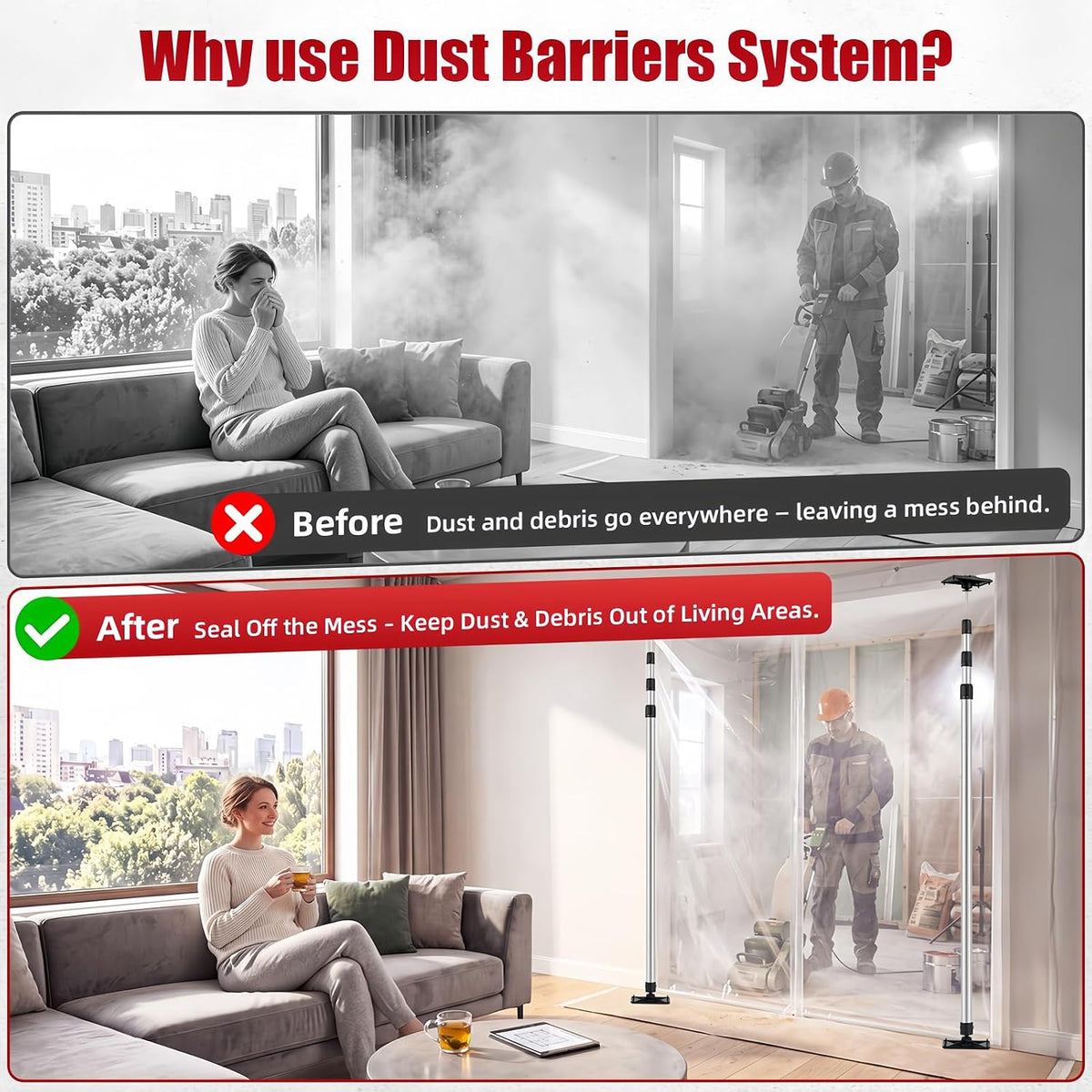 12FT Spring Dust Barrier Poles Kit, Retractable Zip Wall Pole Kit