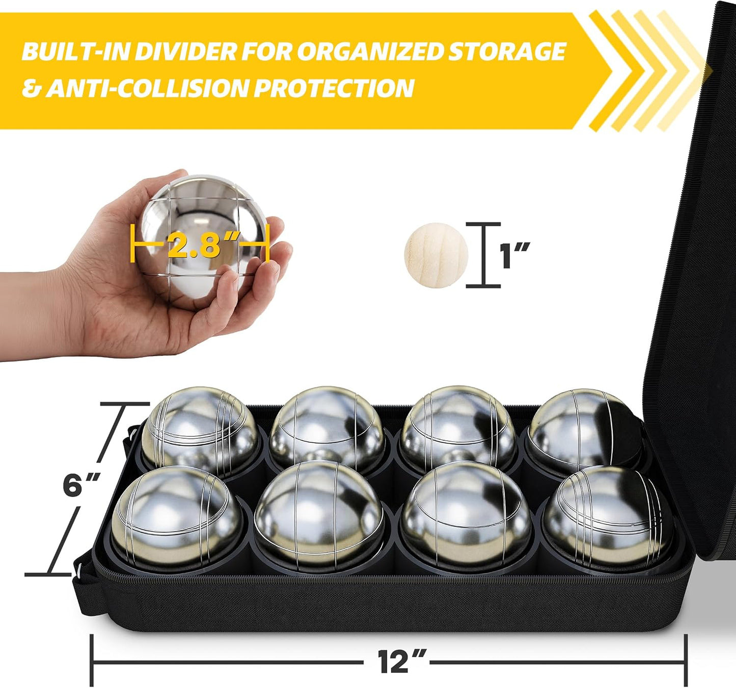 MR 73mm Metal Silver Bocce Ball Set with Carry Bag | 8 Metal Bocce Balls, Pallino Jack & Measuring Rope; Oxford Carry Bag; Lawn Beach Backyard Outdoor Game Kit