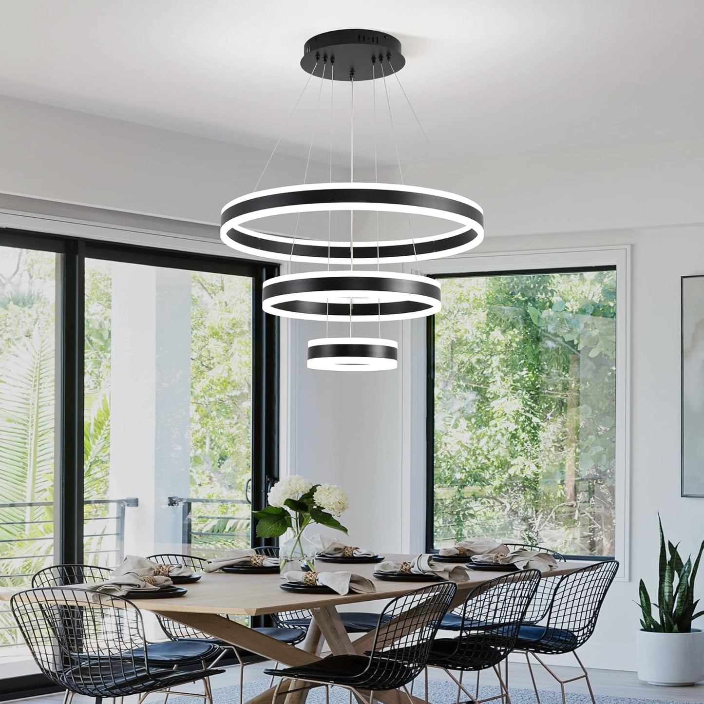 Upfelw Modern Dimmable Led Chandelier with 3 Ring, D23.7'' Adjustable Contemporary Hanging Ceiling Light Fixture for Living Room Bedroom Dining Room