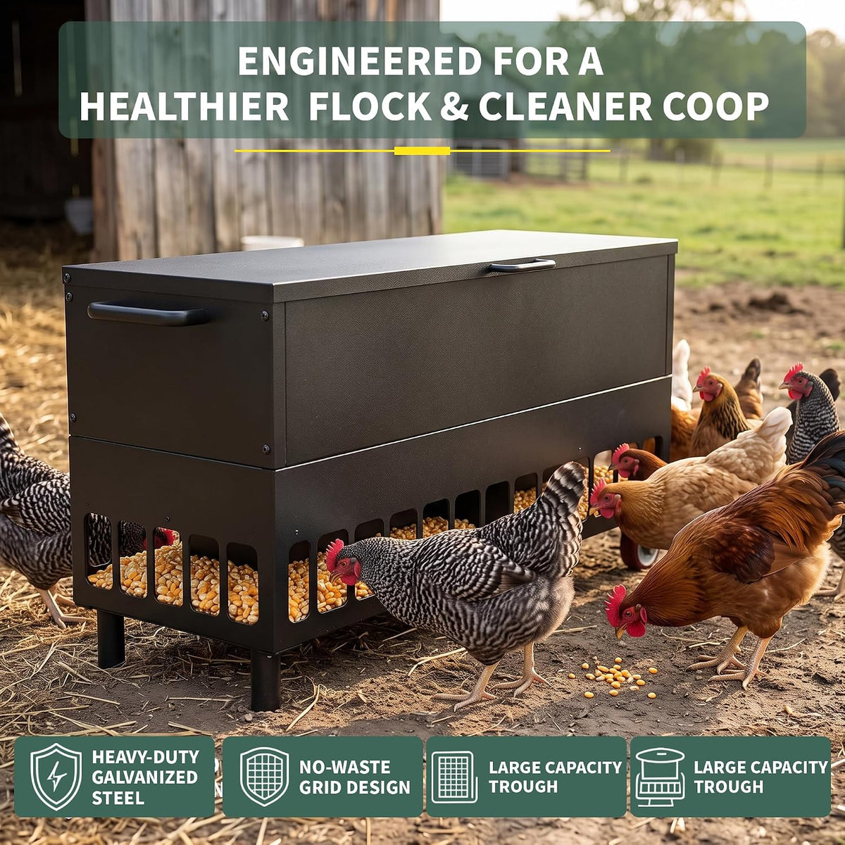 Metal Chicken Feeder for Poultry Coop, Heavy Duty No Waste