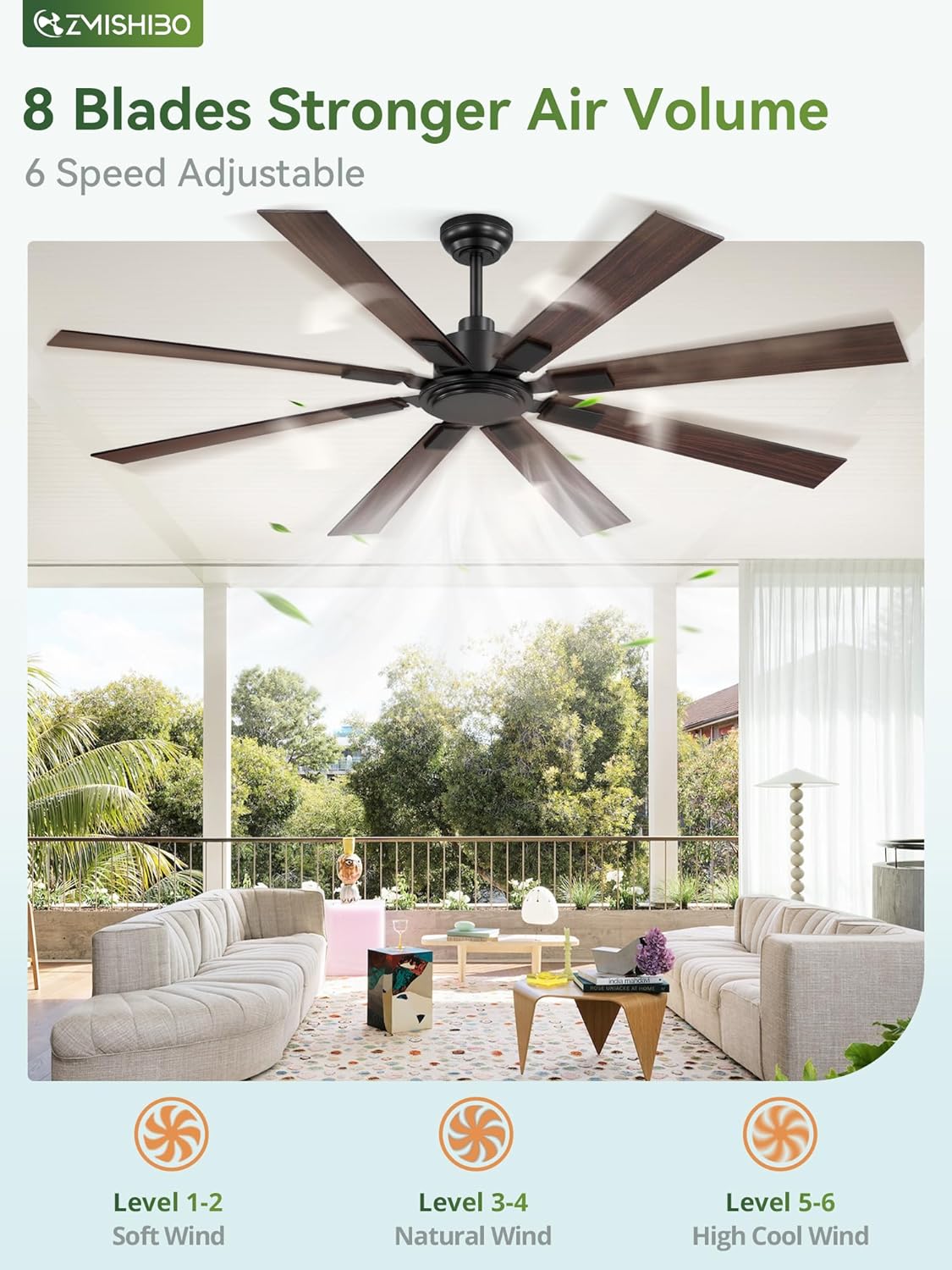 ZMISHIBO 65 Inch Outdoor Ceiling Fans No Light with Remote, Damp-Rated Black Modern Ceiling Fan Without Light, 6-Speed Reversible DC Motor, Humidity-Resistant 8 Blades for Patio Porch Gazebo Garage Black 65 Inch