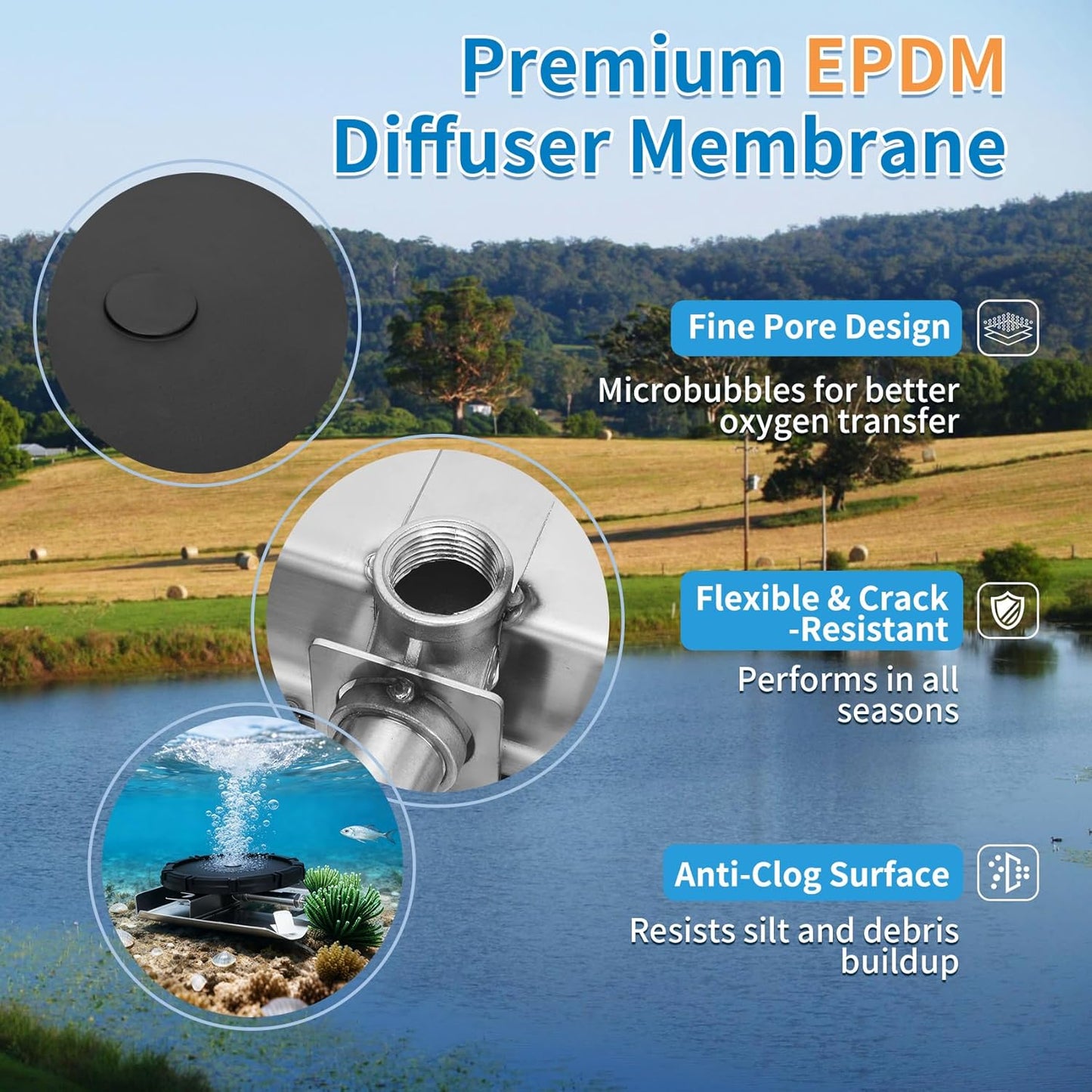Pond & Lake Aeration Accessories, Self-Weighted Stainless Steel Base, Membrane Diffuser, Stainless Steel Connectors for 3 Hose Sizes, and 3 Sets of Clamps, Ideal for Outdoor Aeration Systems.