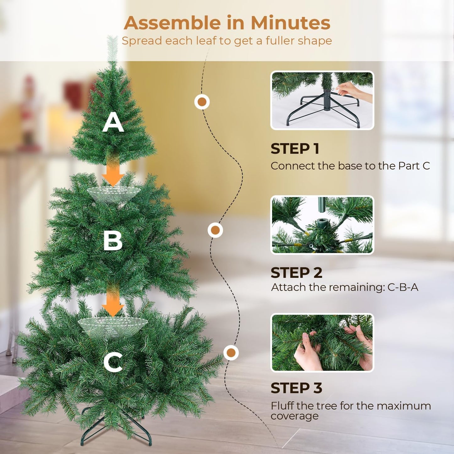 7.5 ft Artificial Christmas Tree with 1300 PVC Branch Tips, Holiday Xmas Tree with Foldable Base and Easy Assembly, Indoor Christmas Trees for Yard