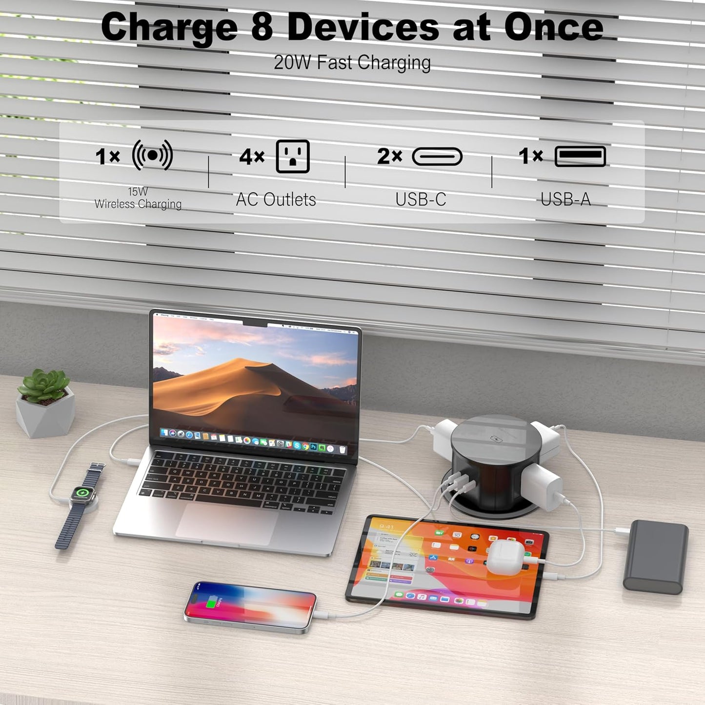 Pop Up Countertop Outlet with 15W Wireless Charger, 4 AC Outlets & PD 20W USB-C Fast Charging Station, 4.75 inch Desk Power Grommet Outlet Connect 6FT