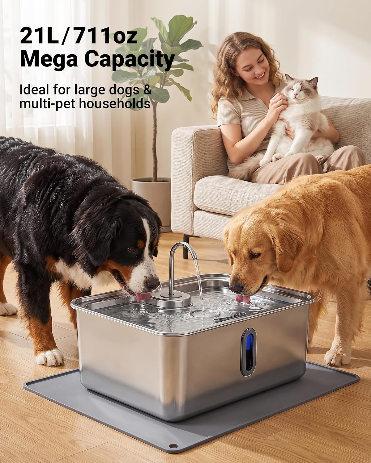 5.55 Gal Mega-Capacity Dog Water Fountain for Giant Dogs, Polished Silver | 21L Large Dog Water Bowl Dispenser, Stainless Steel, Visible Window & Alert Light, Included Silicone Mat & 3 filters 5.55 Gal Dog Fountain, Polished Silver