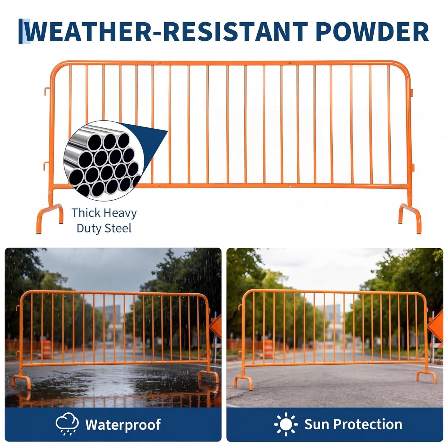 Interlocking Steel Barricade, 7.5 Ft. Heavy Duty Galvanized Metal Barricade, Interlocking Steel Road Barriers with with Bridge Feet Base, for Crowd Control Event Fencing Indoor/Outdoor, Orange