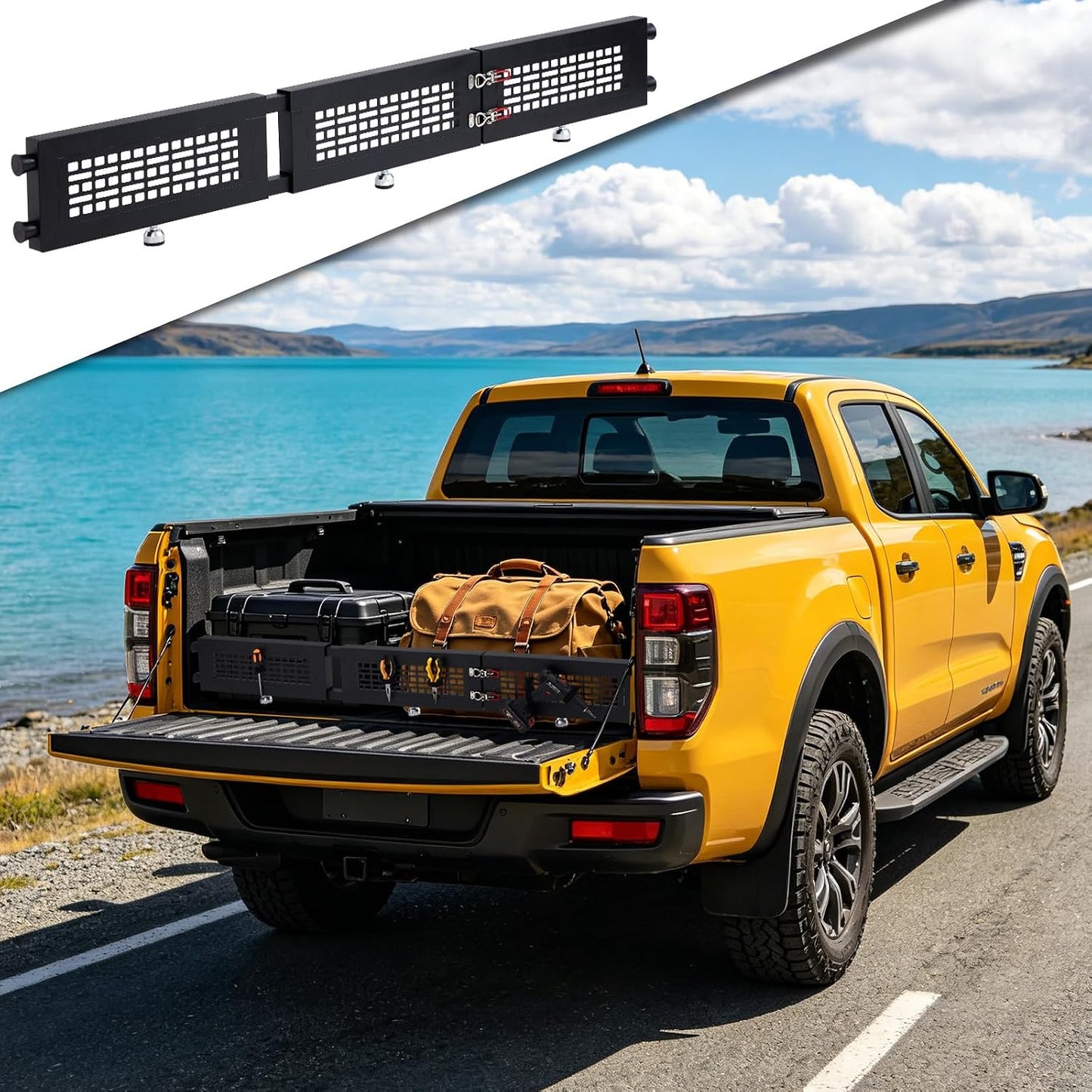 Woanger 54.7"-62.6" Adjustable Truck Bed Divider Fits Most Full Size Pickup Trucks, Foldable Carbon Steel Pickup Cargo Barrier, No Drill Truck Bed Organizer with Dense Mesh & Hook Loop Straps