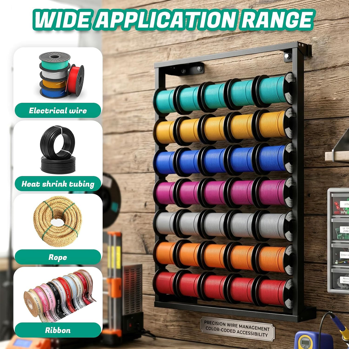 Heavy Duty Wall-Mounted Wire Spool Rack with 7 Adjustable Stainless Steel Rods – Cable Reel Holder and Dispenser Includes Steel Pipe Storage Bag & 10 Hooks for Electrical and Industrial Use (Black)