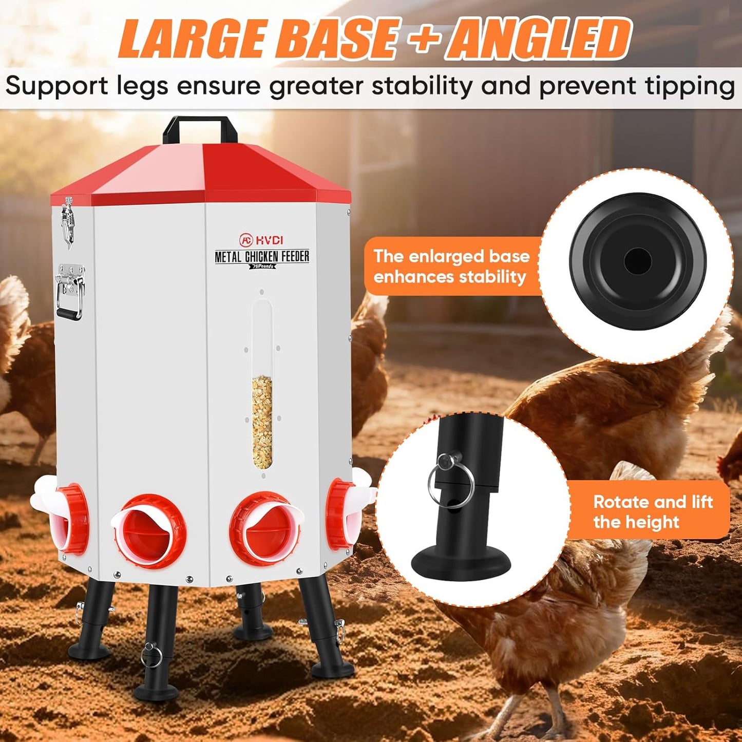 70lbs - 80lbs Large Automatic Chicken Feeder, Adjustable Stand, 8 Feeding Ports, Viewing Window, Sloped Roof Rain Protection Design