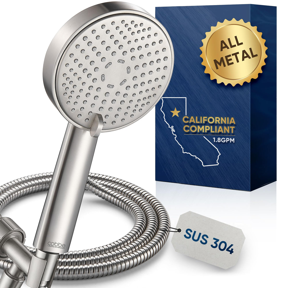 Cobbe® All Metal Handheld Shower Head, 3 Spray Settings, 1.8GPM