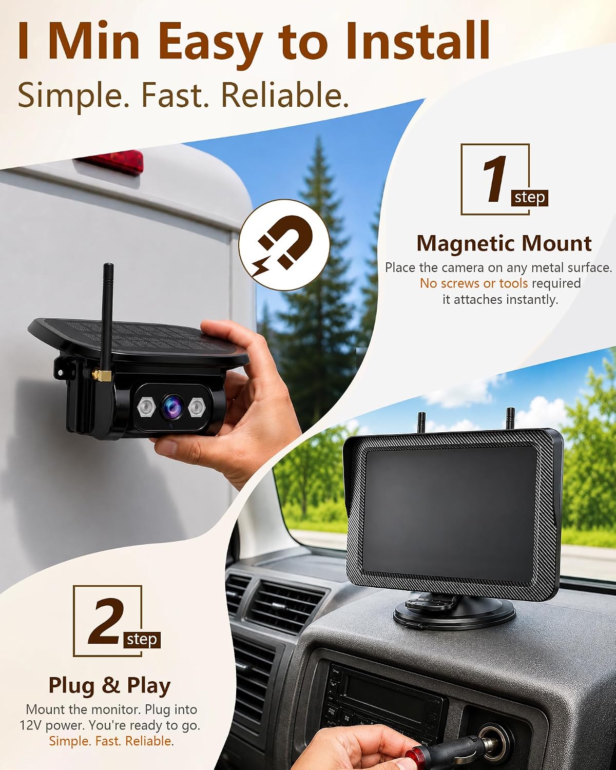 1296P Strong Magnetic Wireless RV Backup Camera - 1-Min Install for Trailer