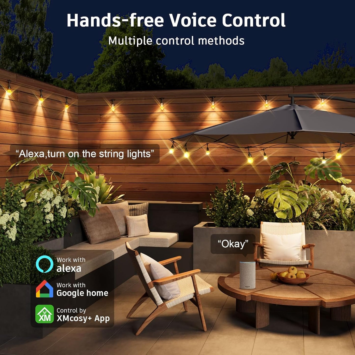 Outdoor String Lights Waterproof, 123ft LED Smart Patio Lights with 40 Shatterproof Dimmable Acrylic Lights