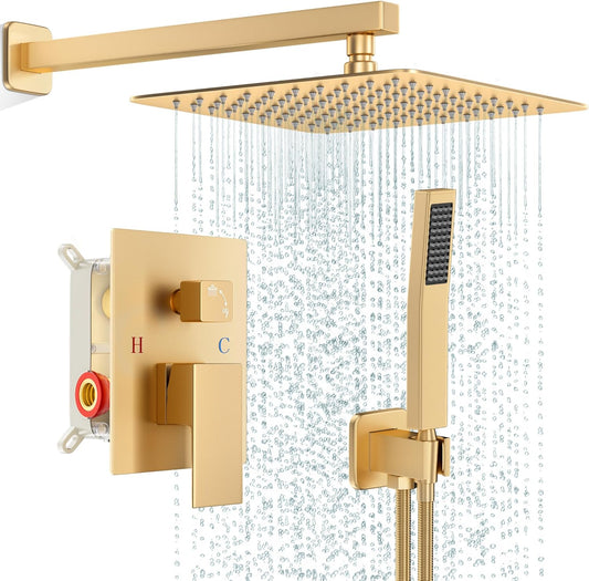 Gold Shower Faucet Set, Rainfall Shower System with Rain Shower Head and Handle Set, Wall Mounted Shower Fixtures, Full Metal Trim Repair Kit 12 inch