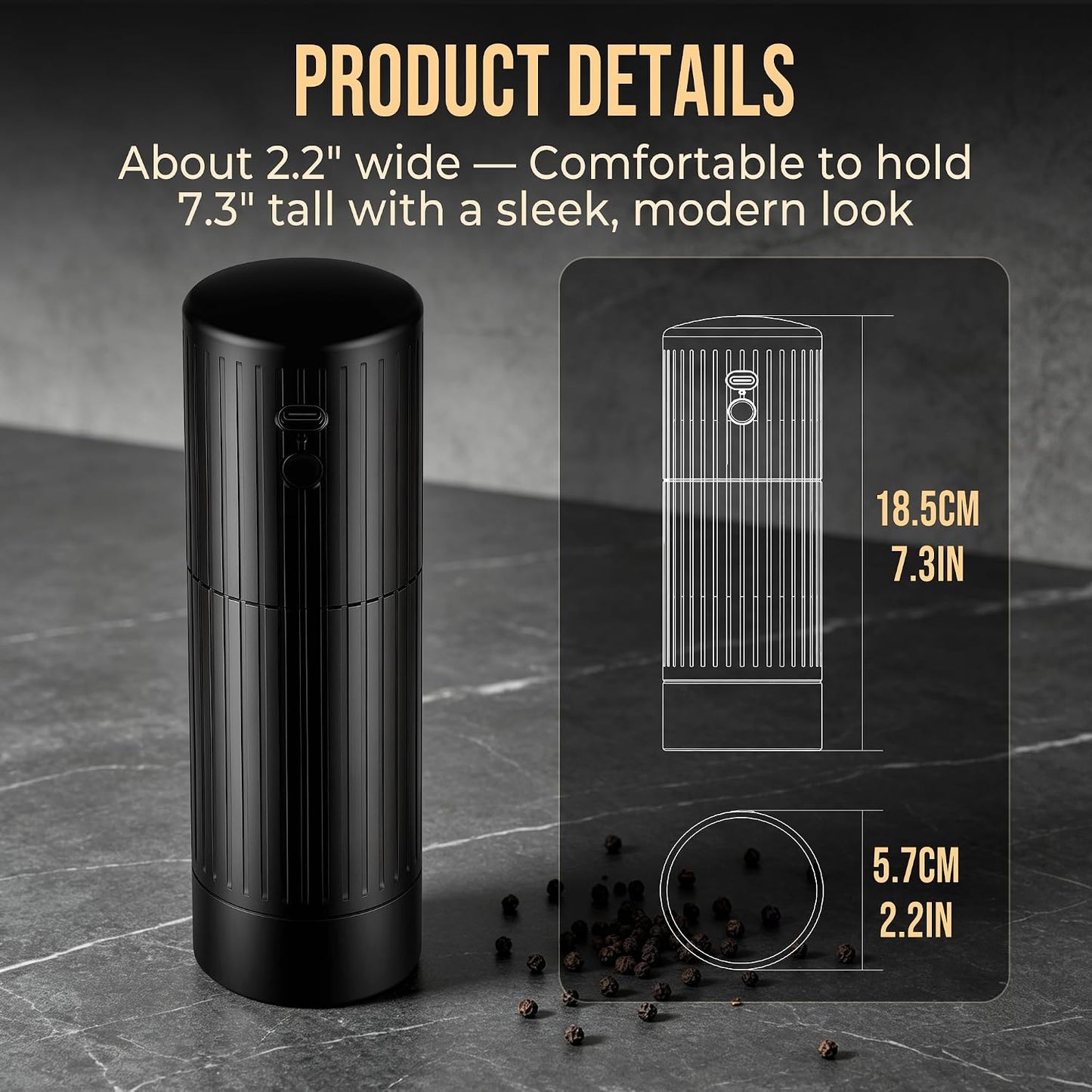 2-in-1 Electric & Manual Pepper Grinder, Professional Grade Heavy-Duty | Pepper Grinder Mill, Aluminum, High Output, Adjustable Coarseness, Refillable, Magnetic Bottom Cover, Stainless Steel Blade