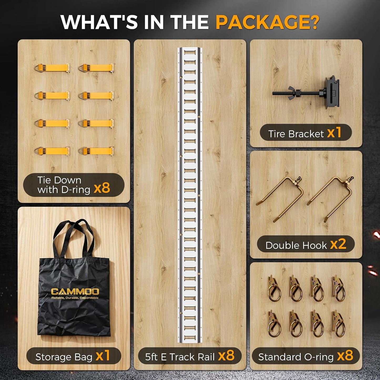 CAMMOO 5FT E-Track Rail Kit, Includes 8 Rails, 2 Double Hooks & 1 Tire Bracket, 8 O-Rings, 8 D-Rings with Tie Down, 1 Storage Bag, 2200lbs Load Capacity for Trailers, Trucks, Vans, Garage, Silver