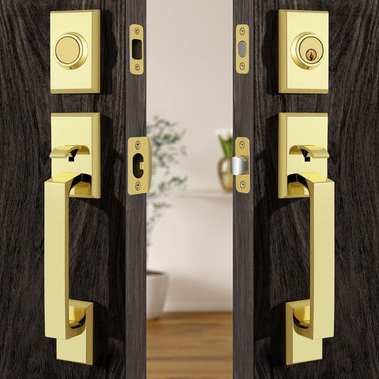 Double Front Door Lock Set, Polished Brass Square Front Door Hardware Set with Dummy