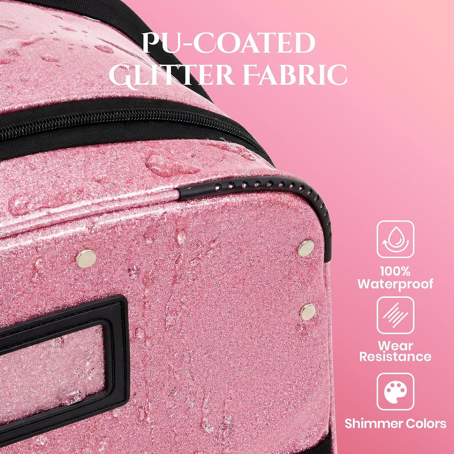 Fanwoli 23" Rolling Dance Duffel Bag with Garment Rack | Detachable 4-Spinner Wheels | Waterproof Glitter Fabric | Competition Travel Luggage for Cheerleader, Skating, Gymnast & Sleepover | Pink Sparkling Pink