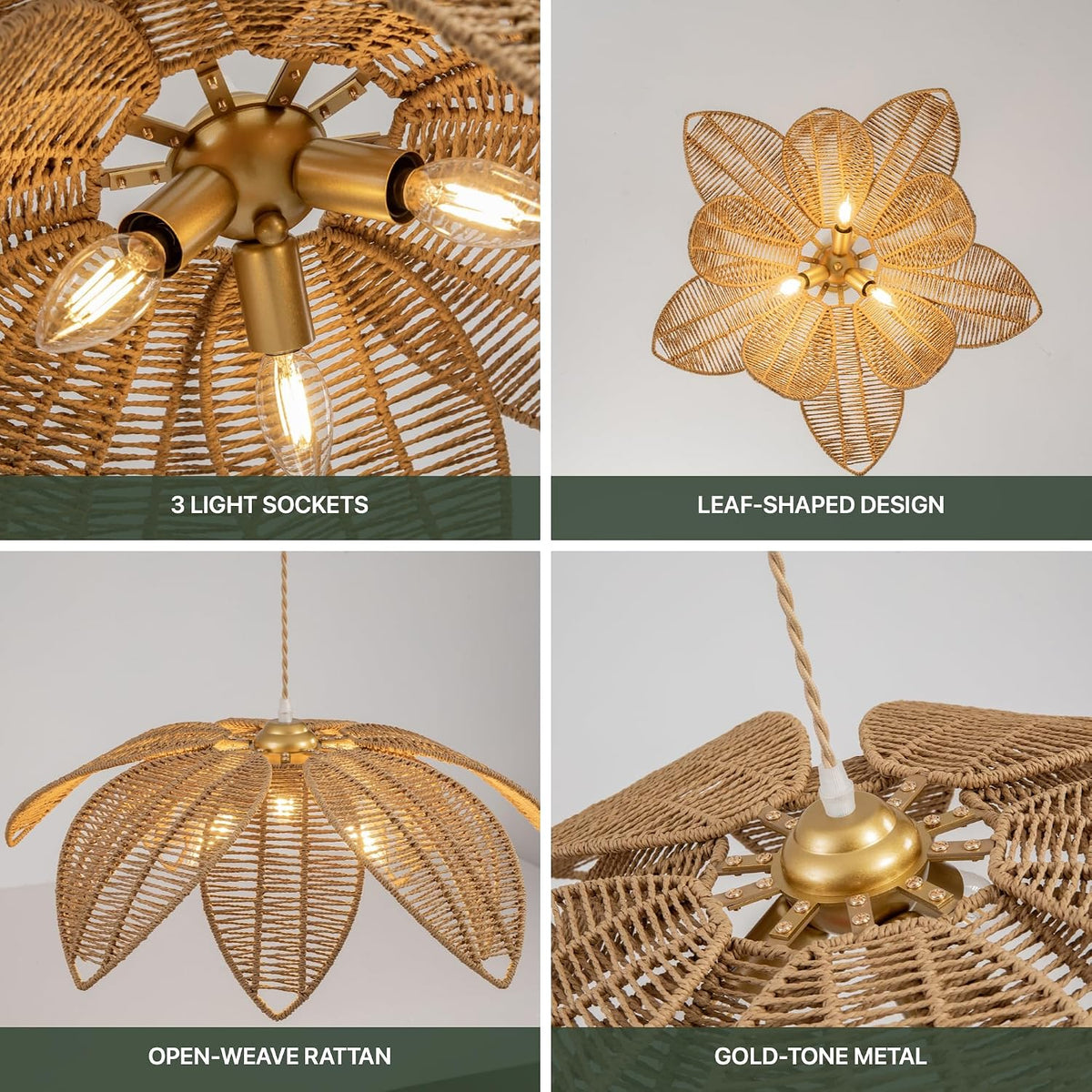 24" Rattan Pendant Light for Dining Room, 3-Light Farmhouse Boho Chandelier with Adjustable Cord, Rattan Light Fixture for Kitchen Island, Living Room, Bedroom, Entryway & Foyer, E12 Base Brown