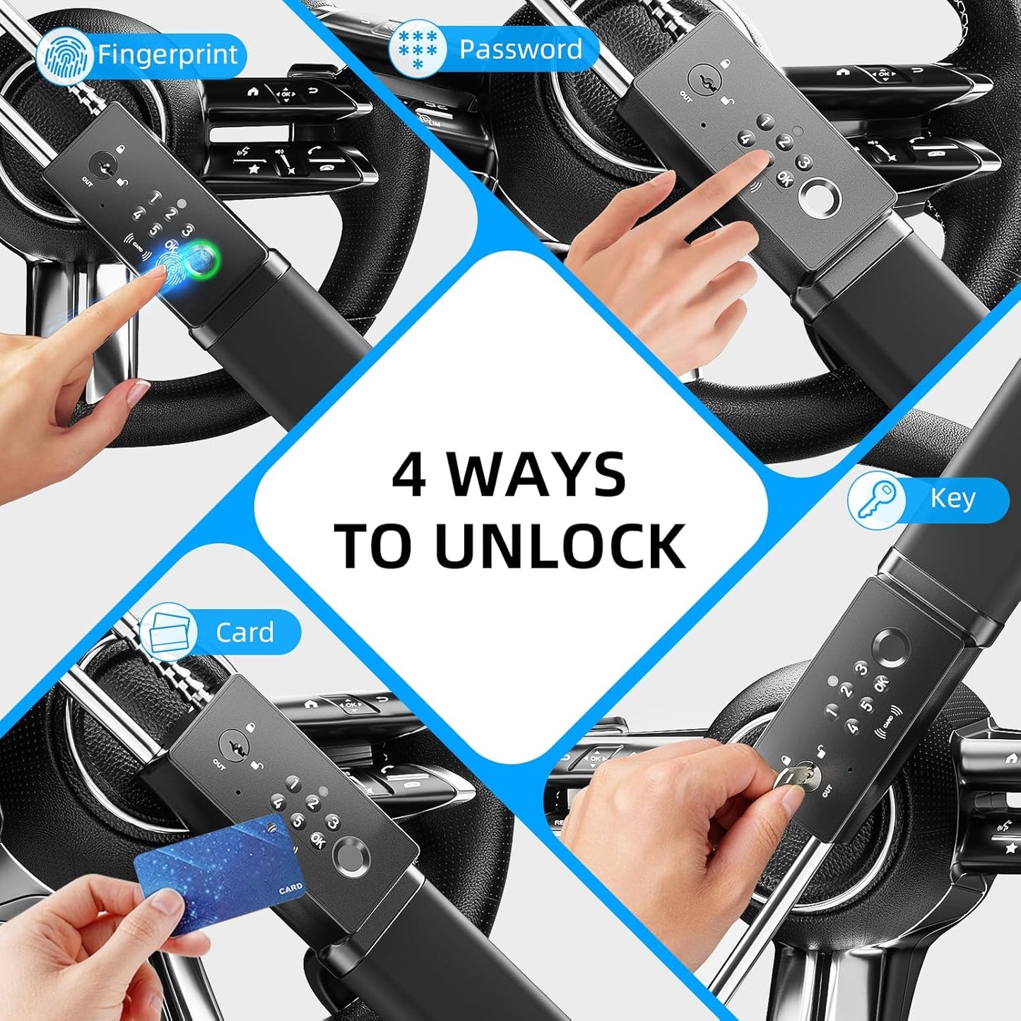 eRapta Smart Steering Wheel Lock, Fingerprint and Numeric Keypad Antitheft Car Security Lock with Dual Alarm, Adjustable Length for Universal Standard Shaped Steering Wheels, Window Breaker Included