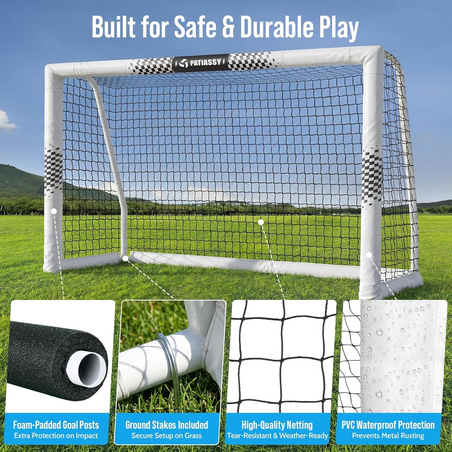 Soccer Goal for Backyard, 8x6/6x4 FT Heavy Duty Soccer Net with Safety Foam Padded Metal Post, Durable Goals with Training Set Agility Ladder & 12 Cones for Youth & Adults Practice 8x6 FT