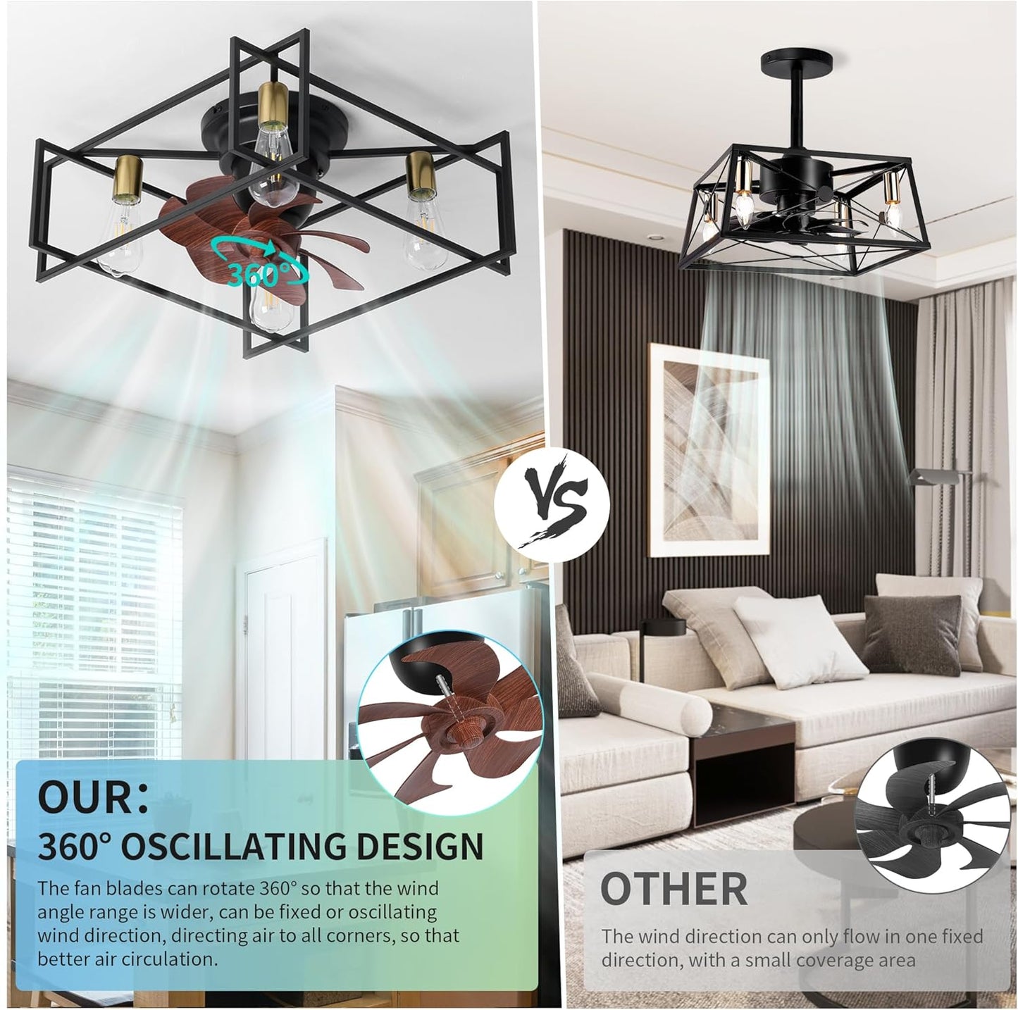 OSGNER Low Profile Ceiling Fans with Lights, Black Caged Ceiling Fan with Lights Remote Control, Square Bladeless Ceiling Fan with Light, Flush Mount