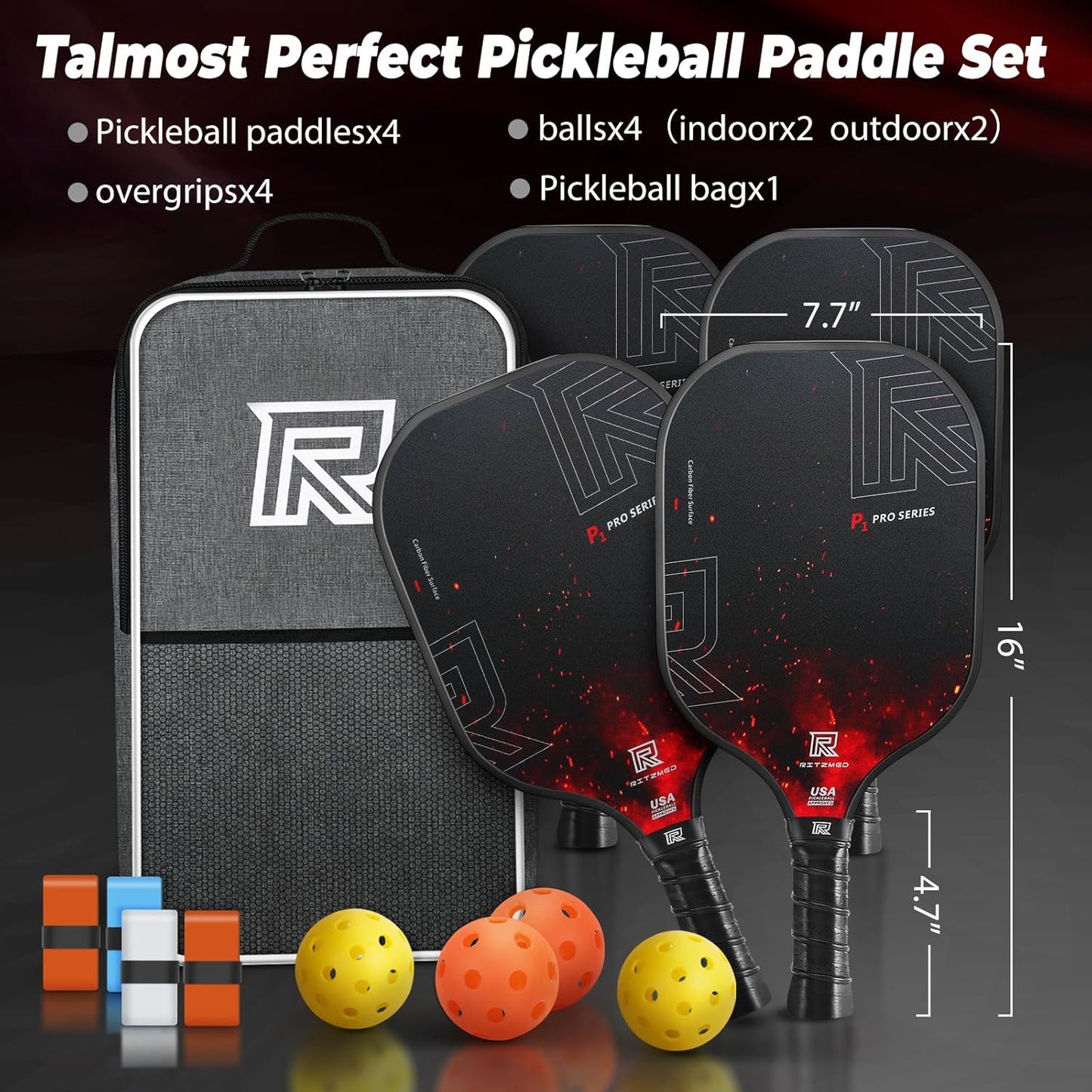 T-300 Carbon Fiber Pickleball Paddles Set of 4 USAPA Certified with Spin Texture, set of 4.