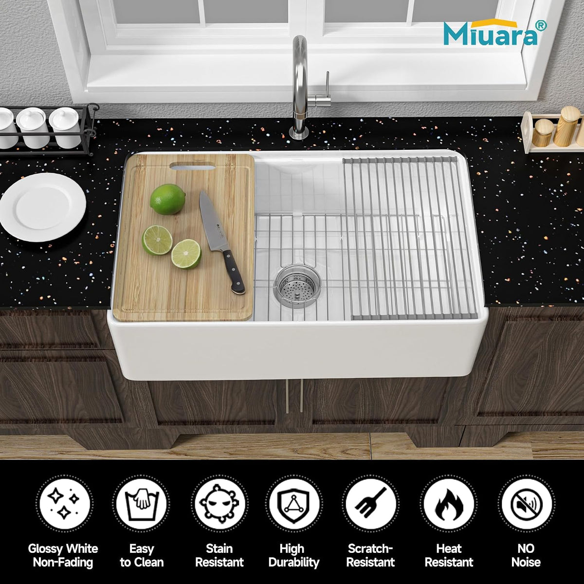 Miuara 31 x 18 Inch White Apron Front Farmhouse Workstation Kitchen Sink