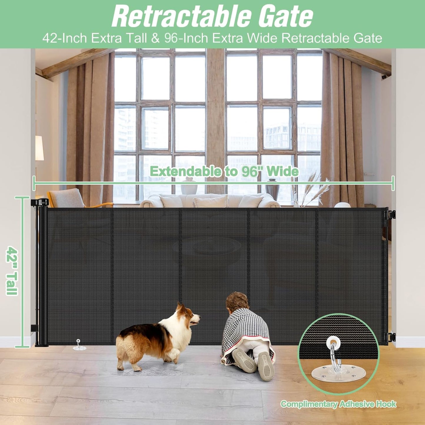 Reinforced 42 Inch Extra Tall Pet Gate with Support Rods, 96' Wide Retractable Baby Gate, Prevent Crawling Under Extra Tall R