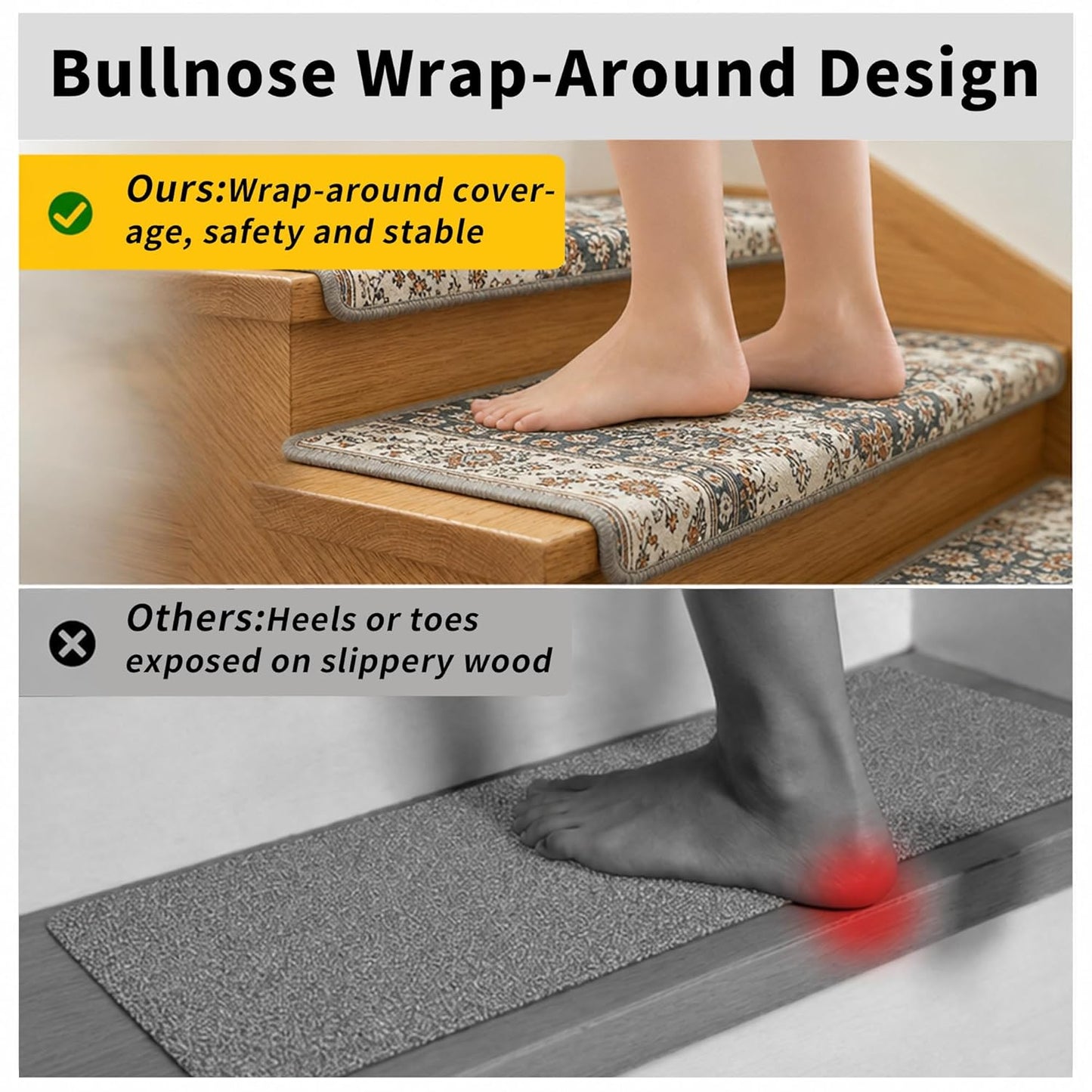 Bullnose Stair Treads, 14 Pack 30 x 9.5 Inch Non-Slip Carpet Mats for Wooden Steps, Protective Indoor Stairway Covers with 1.5" Edge Protection for Kids, Seniors and Pets Brown 14 PIECES