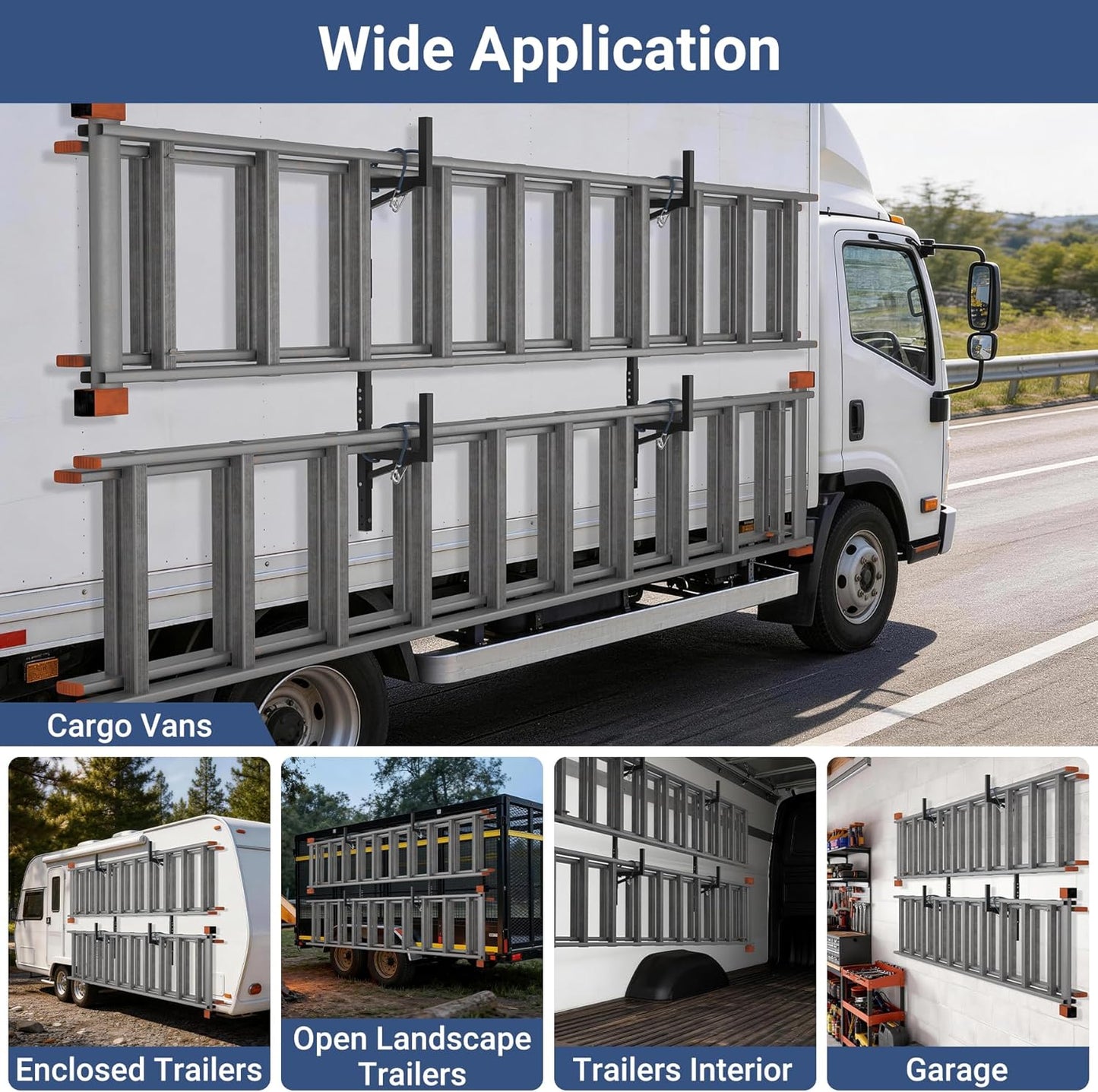Adjustable Trailer Ladder Rack, Heavy Duty Steel Ladder Rack with 8 Elastic Ropes for Truck, Open and Enclosed Trailer Side Wall Mount, Indoor/Outdoor Storage Rack 350 LBS Capacity