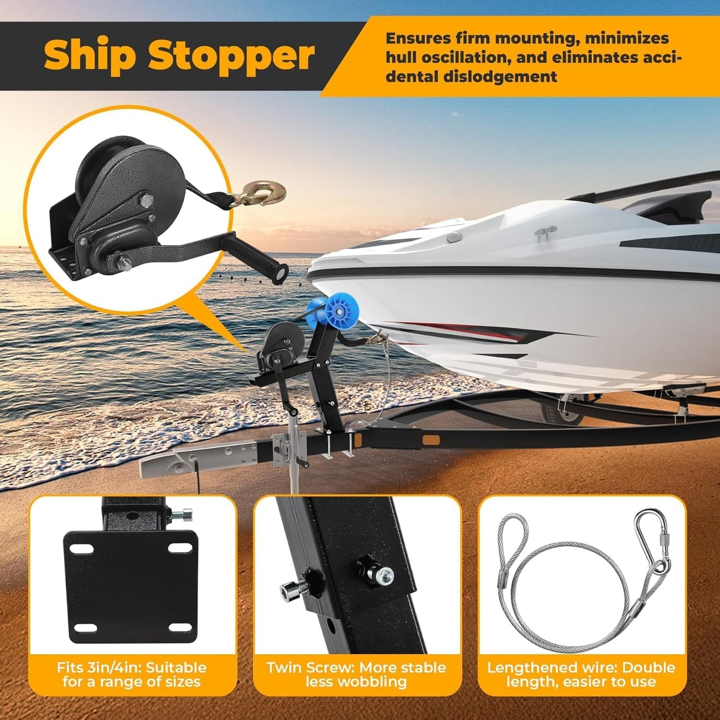 Adjustable Boat Trailer Winch Stand with 1200LB Winch & Roller | Boat Trailer Winch Mount Fits 3" W x 4" H Trailer Drawbar, for Fishing Boats & Motorboats (with Winch & Roller) with 1200LB Winch & Roller 1