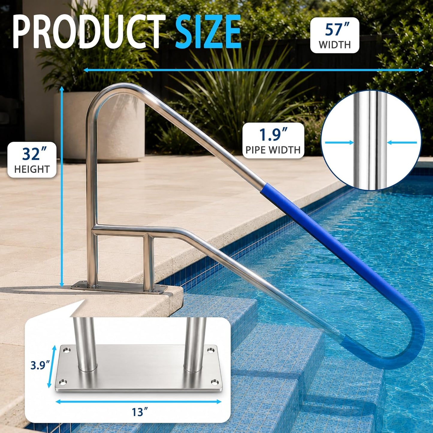 Pool Handrail, 55" x 32" Pool Railings for Inground Pools, 314 Stainless Steel Swimming Pool Handrail with Non-Slip Grip Cover, Heavy Duty Pool Handrails Support 500 lbs