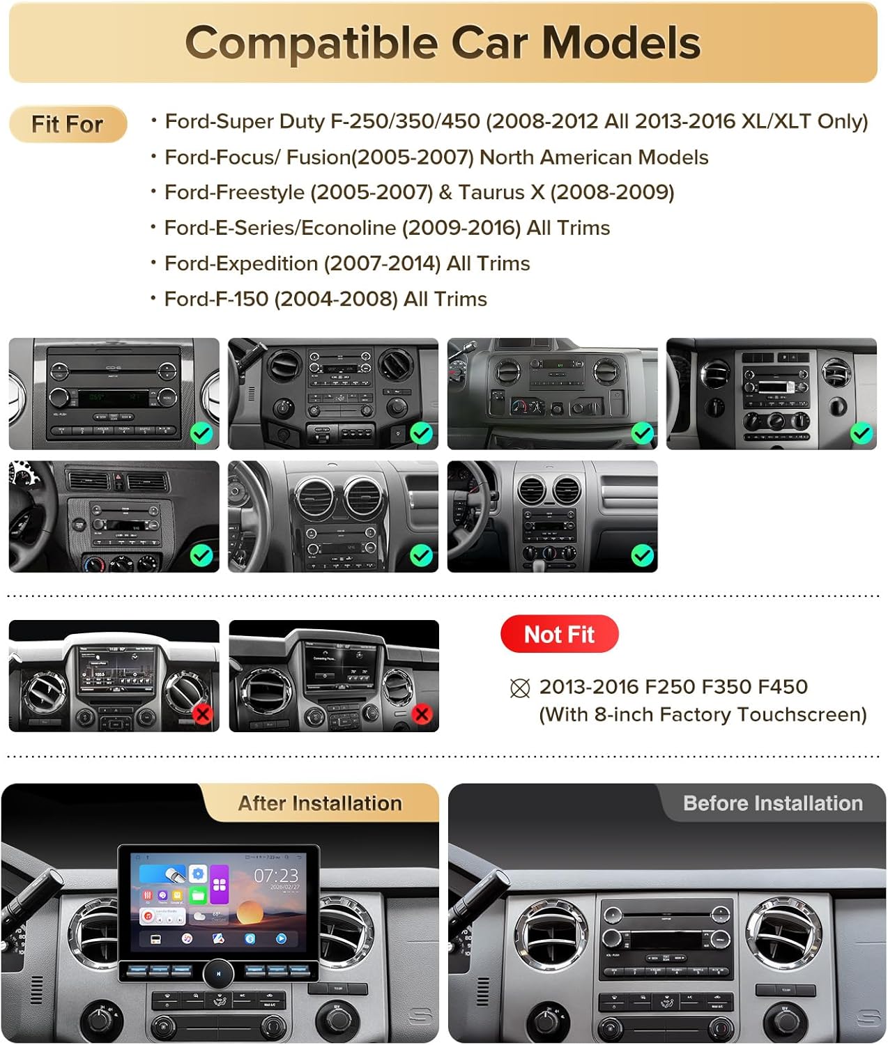 4G RAM+64G ROM Car Stereo for Ford F150 (2004-2008) F250 F350 (2008-2016) Super Duty-Radio Upgrade with Wireless CarPlay Android Auto, Android 13 QLED Touch Screen with Physical Volume Knob Keybutton