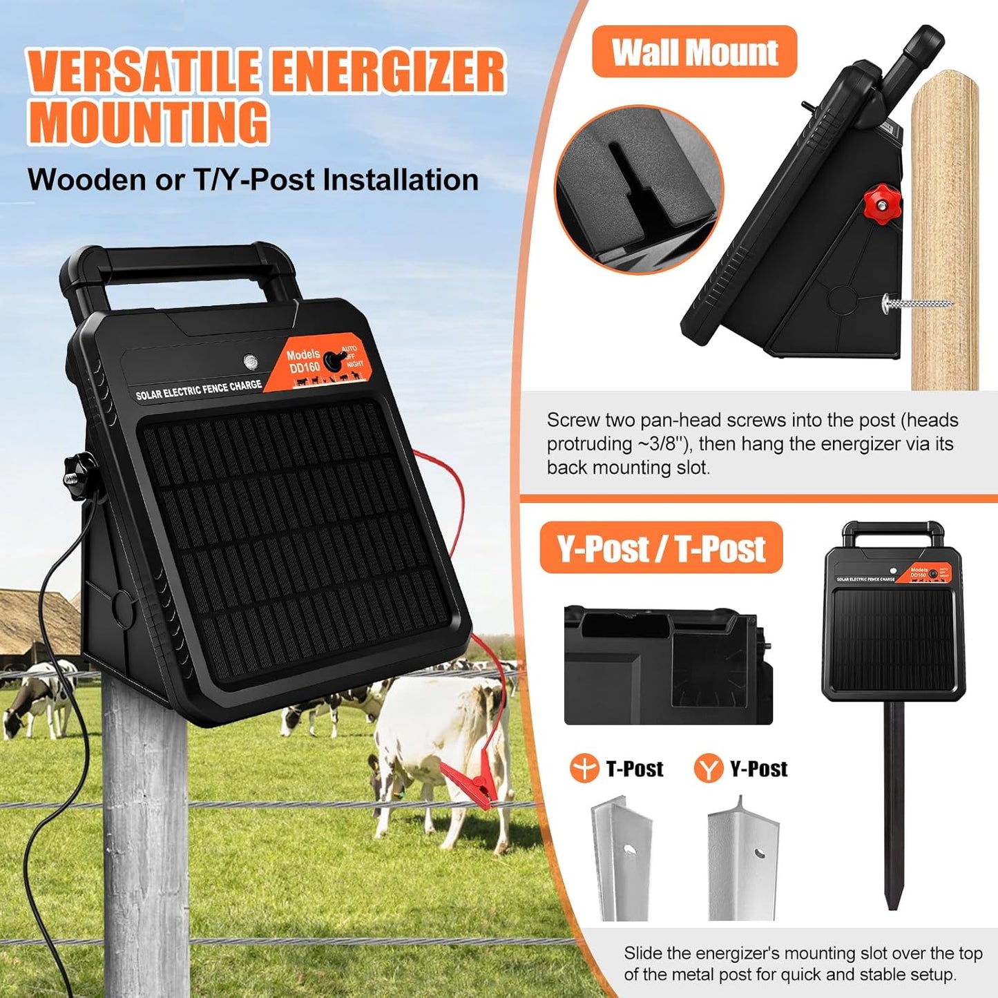 10 Miles Solar Electric Fence Charger 0.16J Portable Fence Energizer, Solar Fence Charger for Livestock Defense, 24-Hour Uninterrupted Protection
