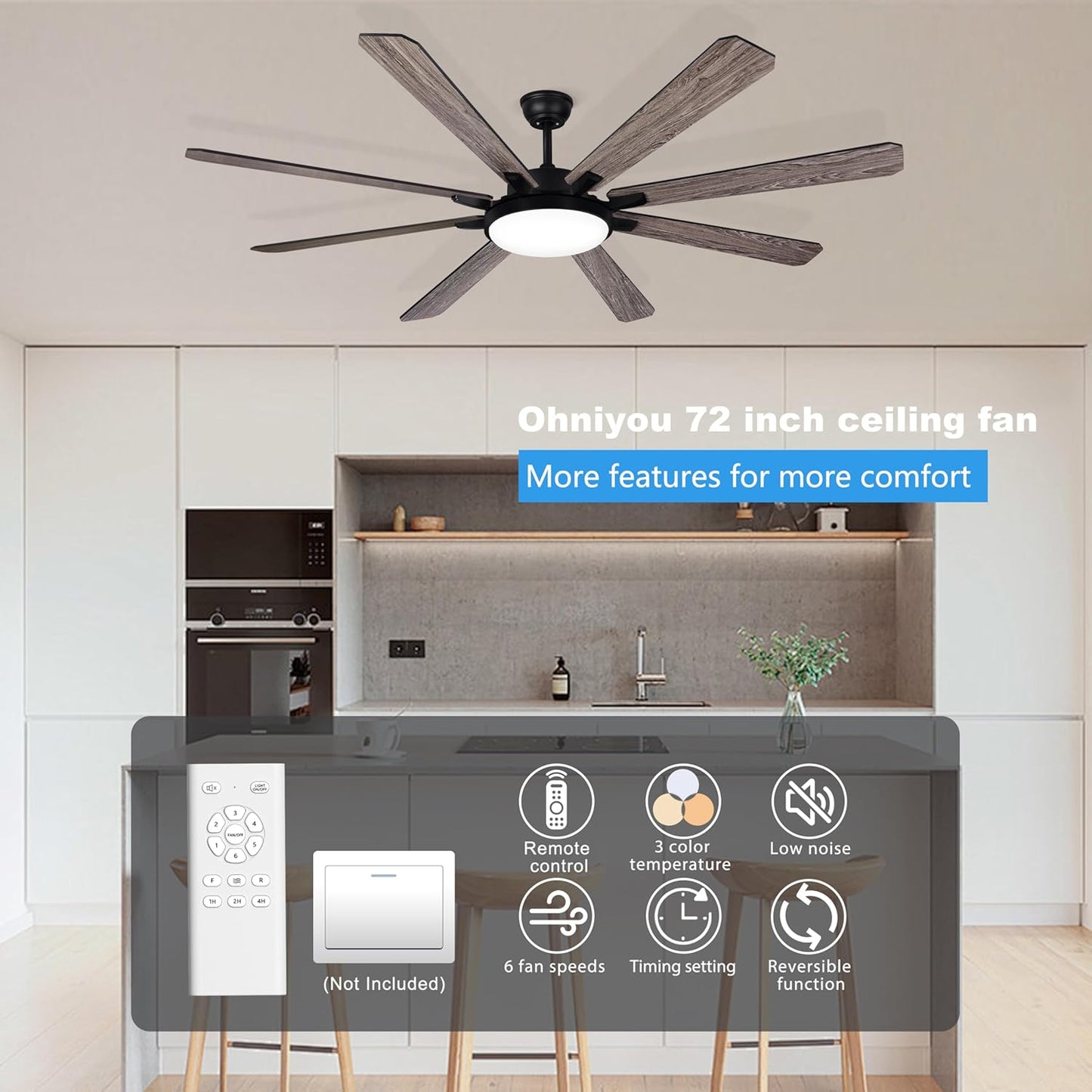 72' Ceiling Fan with Light and Remote - Large Indoor Outdoor Ceiling Fan, 6 Speeds Reversible DC Motor, 8 Blades