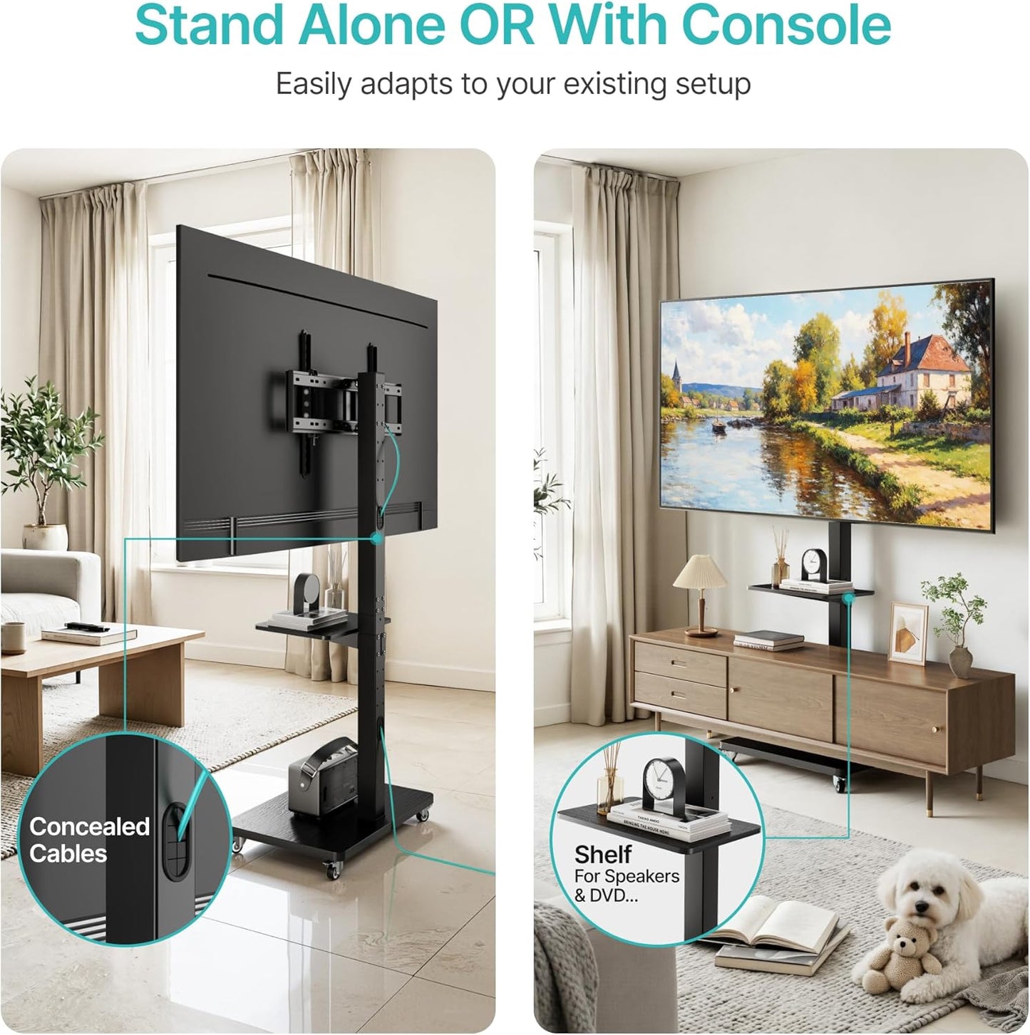 PEGZONE Rolling TV Stand for 32-75 Inch TVs Holds up to 110 lbs, Mobile TV Stand on Metal Wheels with Shelf, Tilt & Swivel Portable TV Cart with Mount, Height Adjustable TV Cart with Wire Management