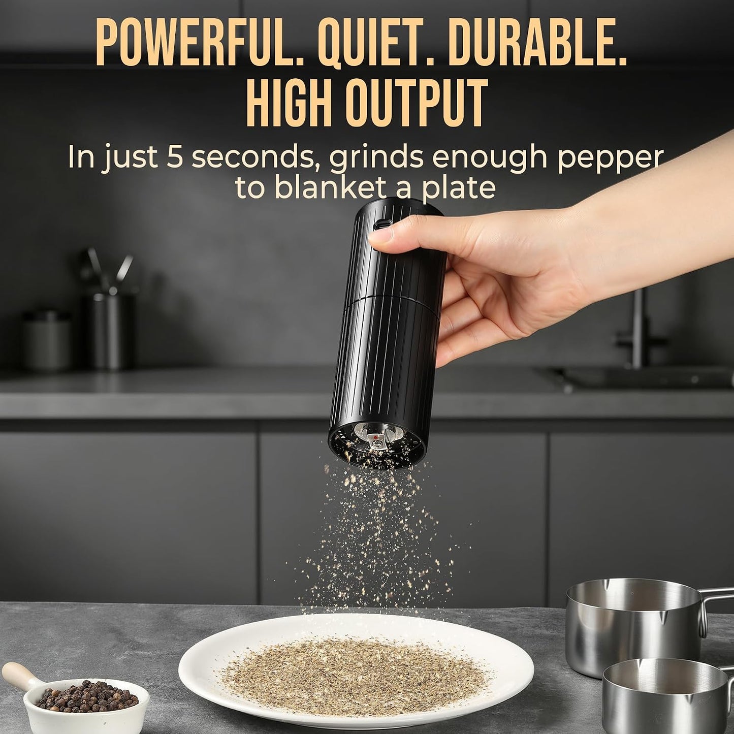 2-in-1 Electric & Manual Pepper Grinder, Professional Grade Heavy-Duty | Pepper Grinder Mill, Aluminum, High Output, Adjustable Coarseness, Refillable, Magnetic Bottom Cover, Stainless Steel Blade