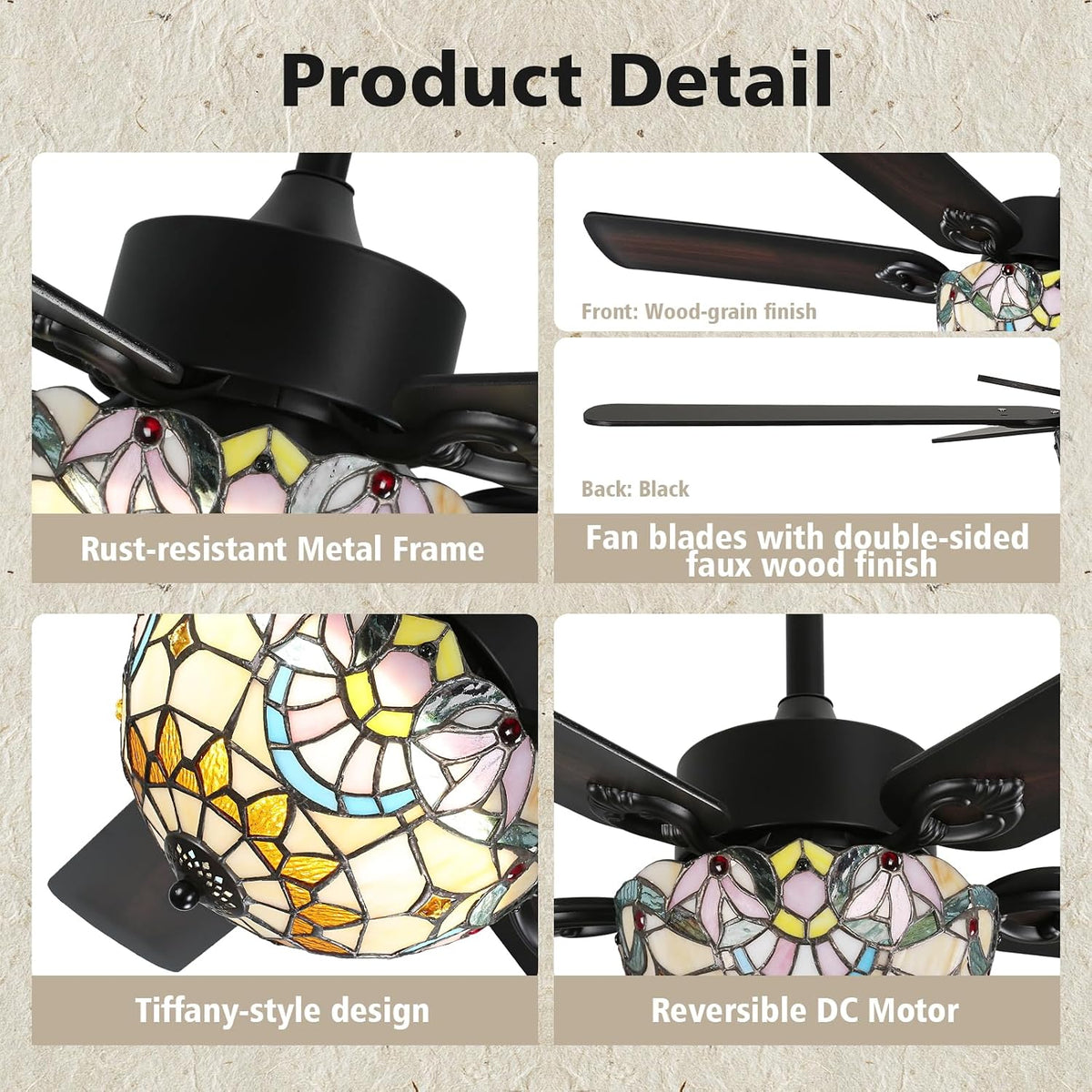 Stained Glass Ceiling Fan with Light, 52" Vintage Fandelier Fan with Remote black