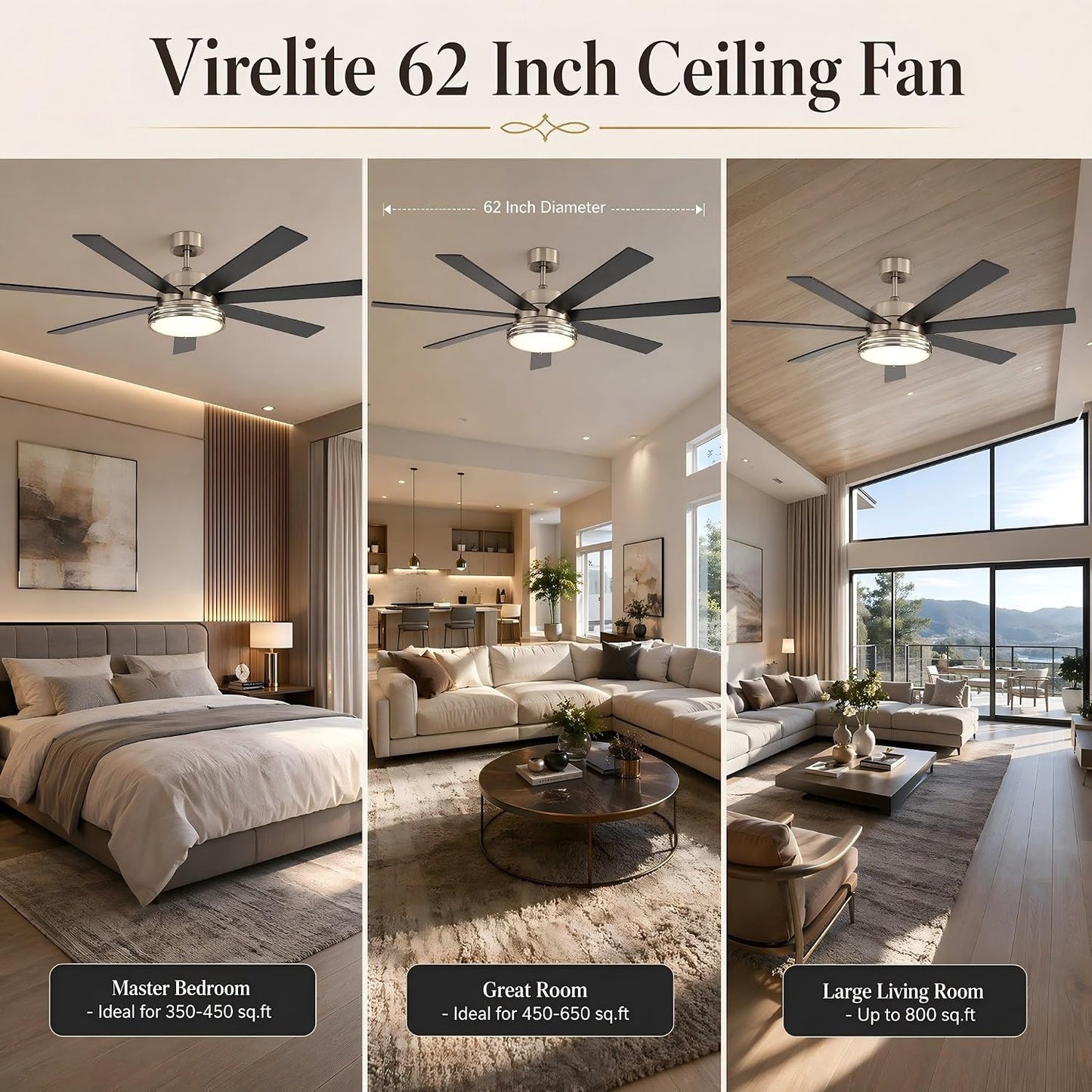 62 Inch Ceiling Fan with Light, Brushed Nickel 7 Blade Reversible DC Fan, App & Remote Control, 3 Color Dimmable LED for Large Living Spaces