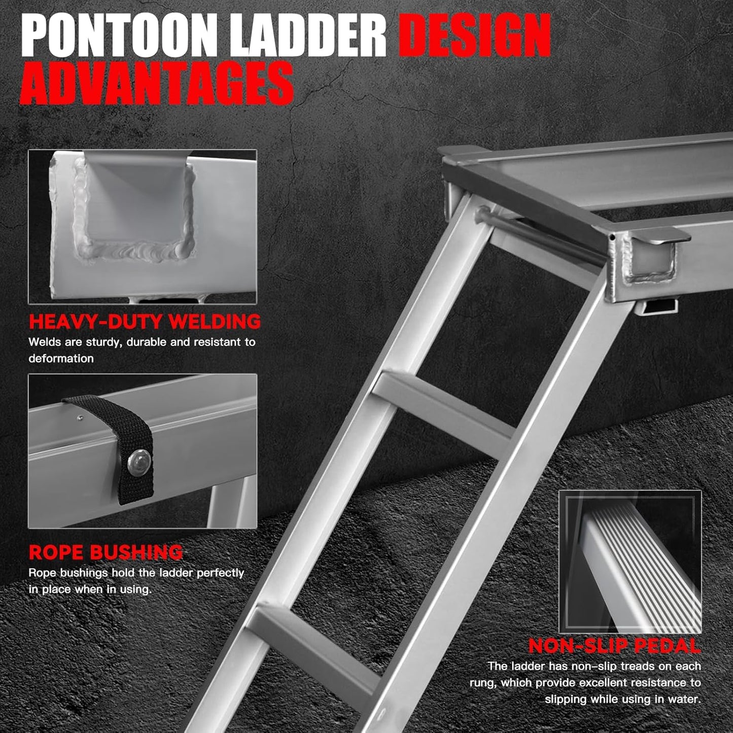 Pontoon Boat Ladder 4 Steps 300Ibs, Aluminum Undermount Pontoon Ladder with Nonslip Design, Heavy Duty Self Storing Boat Ladder