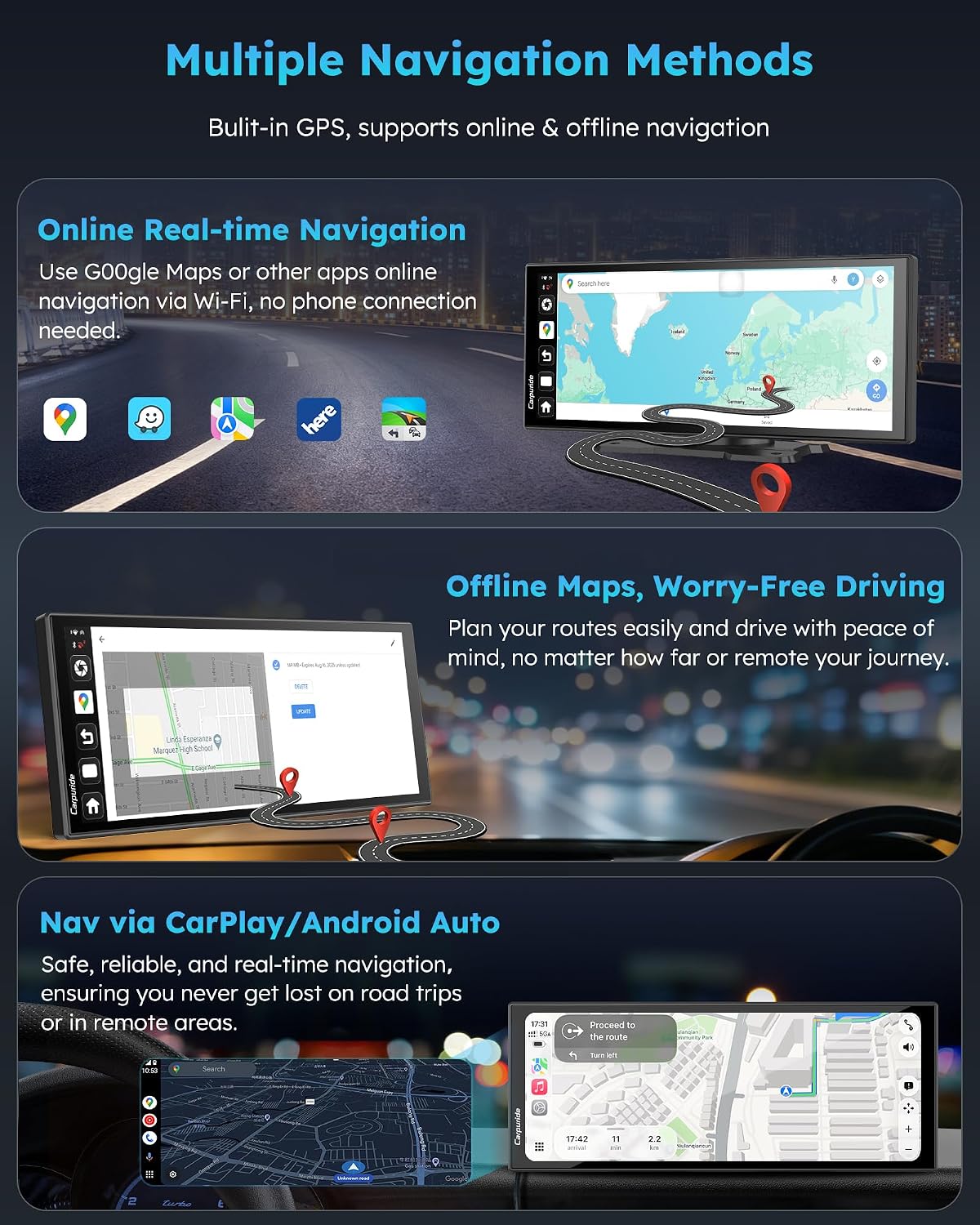 Carpuride 125PLUS CarPlay Screen for Car with AI Gemini & Download APPs, 11.26" Wireless Car Play Android Auto with Front & Backup Camera, Built-in GPS for Online and Offline Nav, Split Screen, OTA