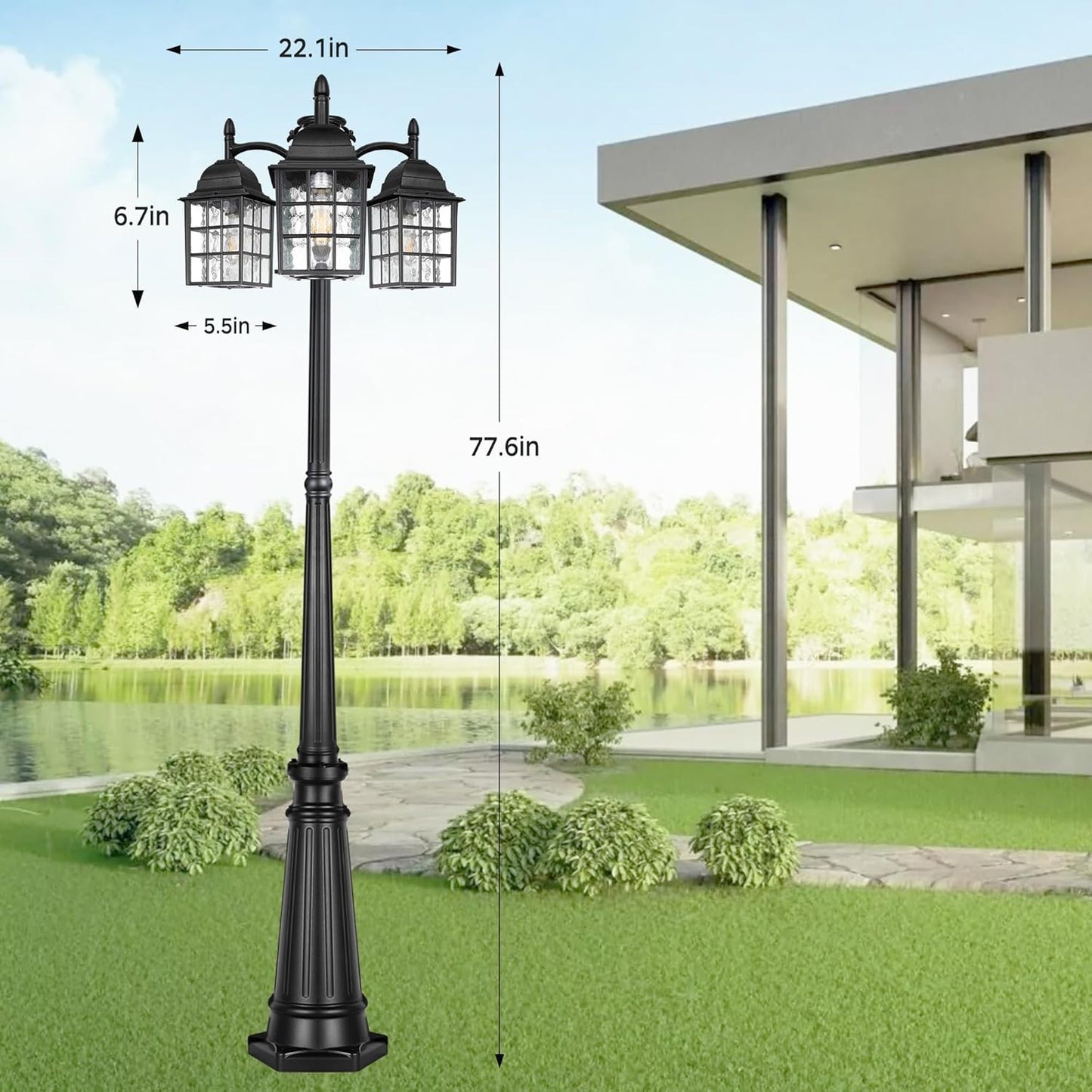 Dusk to Dawn Outdoor Lamp Post Lights, Aluminum Black Light Pole Water Ripple Glass Shades, 3-Head Hardwired Waterproof Outside Street Lights for