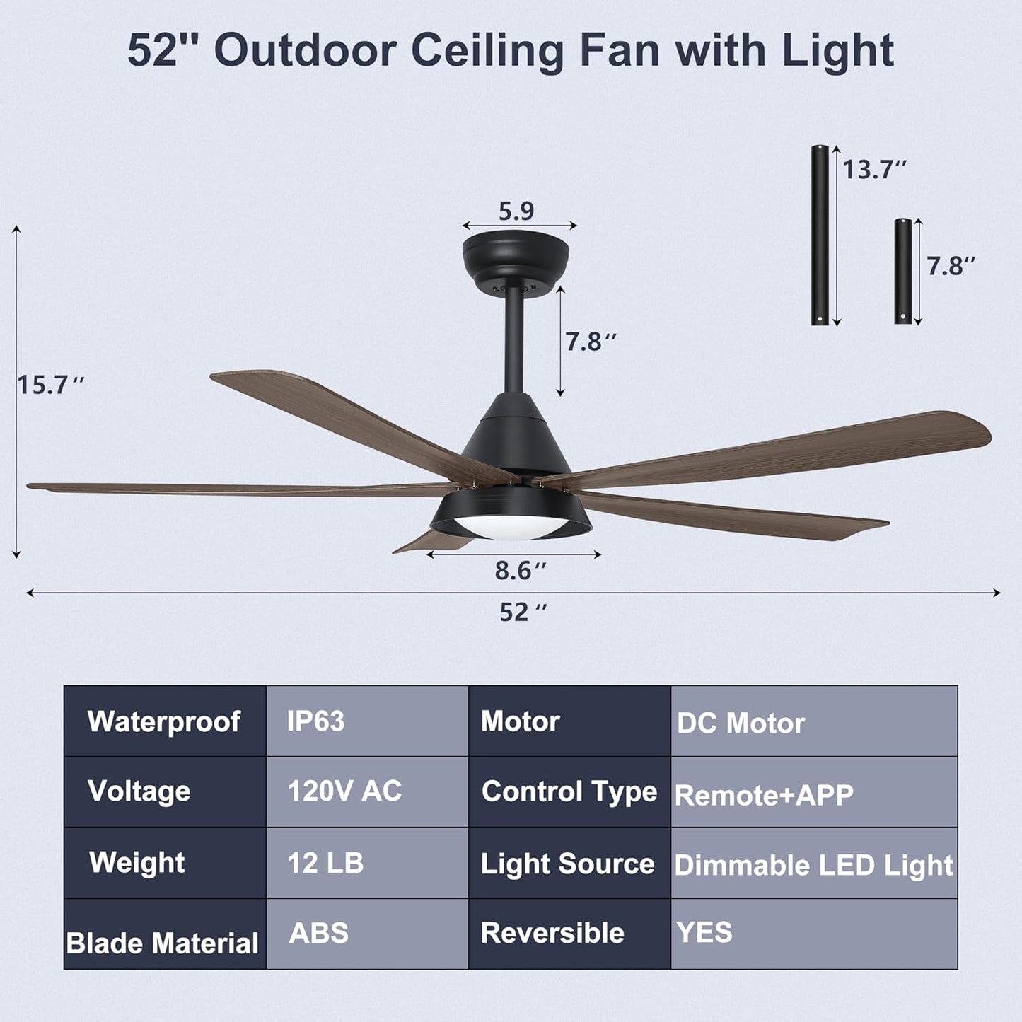 Ohniyou Outdoor Ceiling Fan with Light, 52&#39;&#39; Patio Ceiling Fan Remote/APP Control, Dimmable, Wet Rated, Farmhouse Ceiling Fan for Covered Por