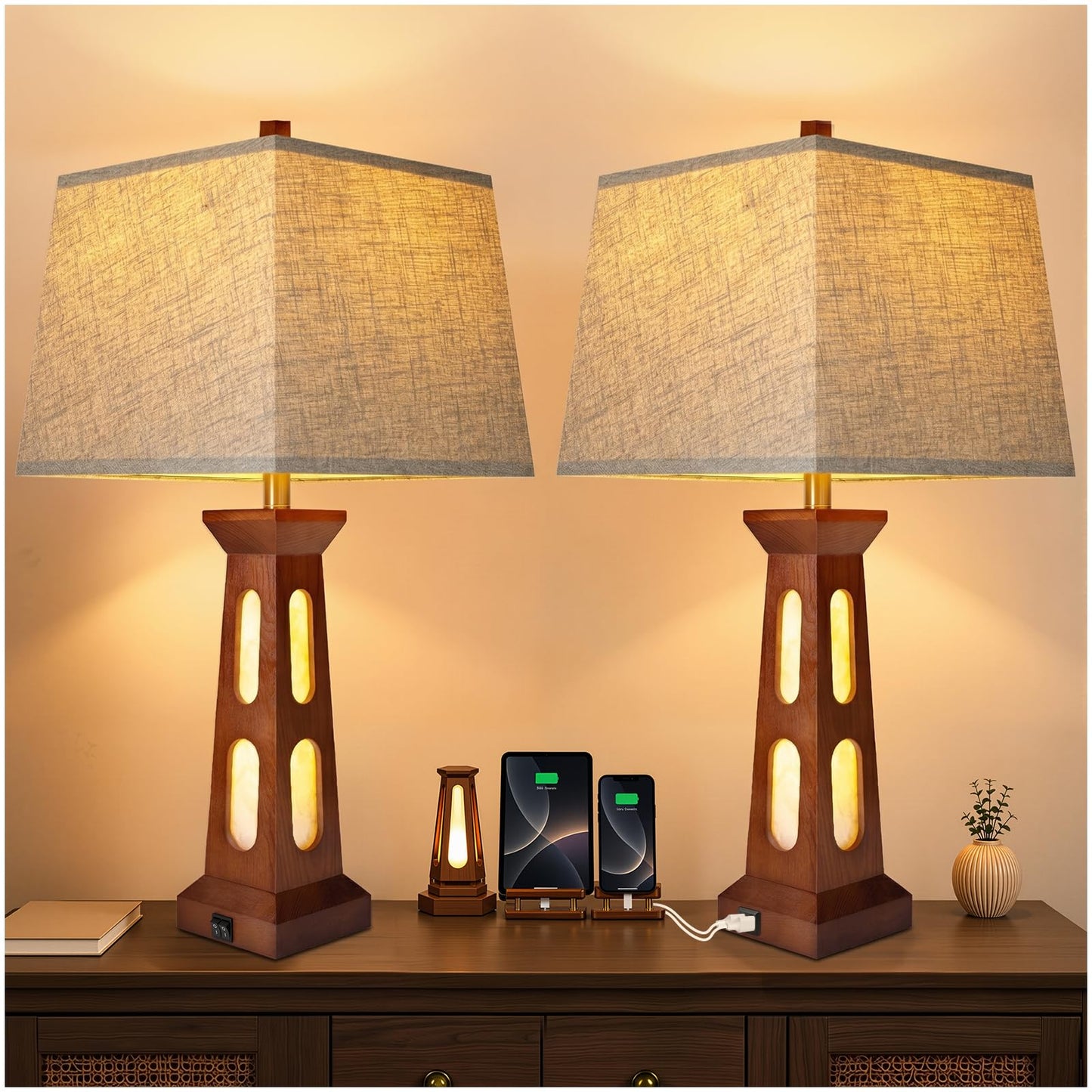 Scenekoy 28" Wooden Traditional Table Lamps Set of 2 for Living Room Office | Night Light, Square Linen Shade, USB C+A Charging Ports, LED Bulb Included, Bedside Lamp, Bedroom Table Lamp, Nightstand